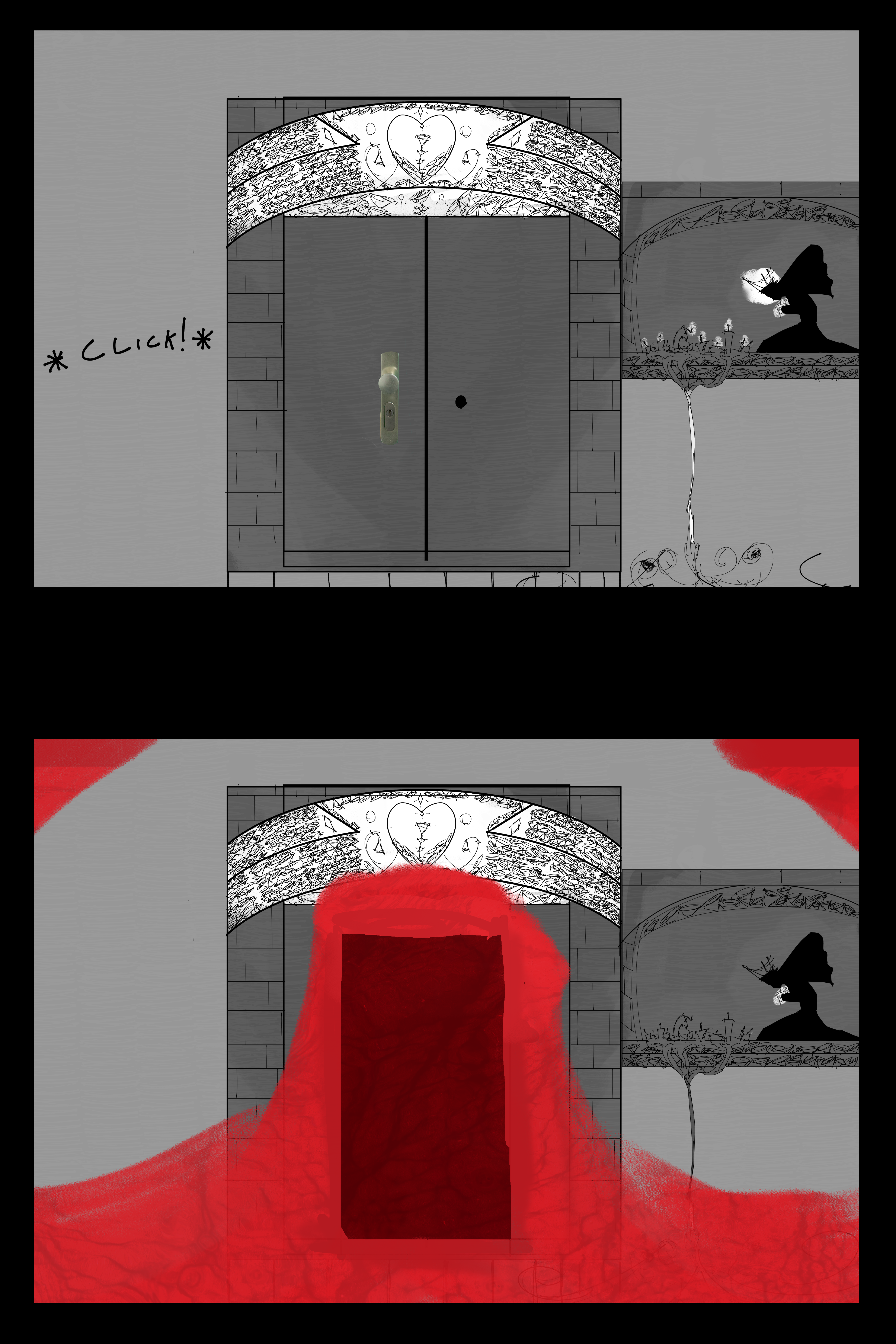 The first pannel shows the door with an audible click. The second pannel has the door opened and vein textured blood filling the room.