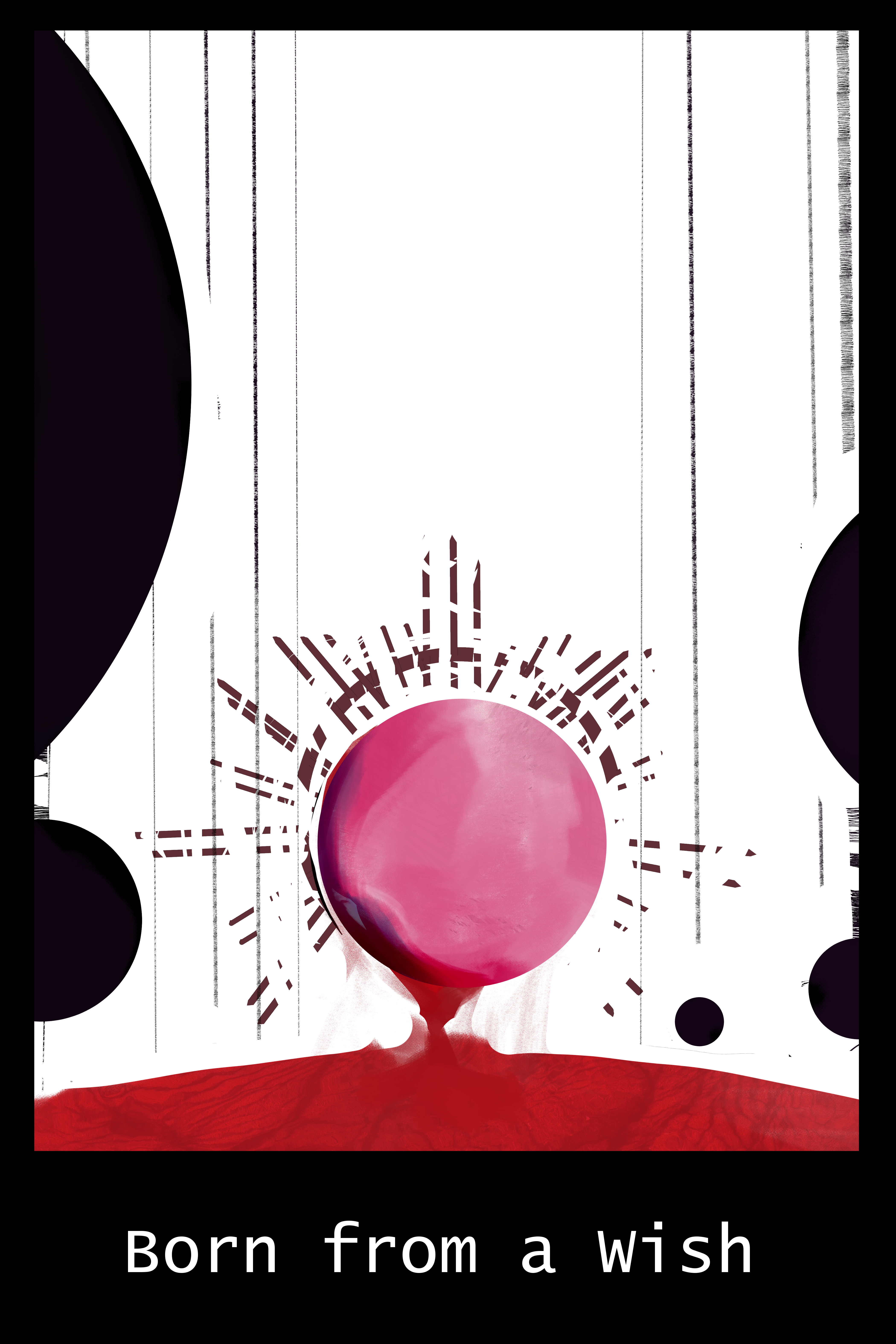 A surrealscape appears. A red and pink orb with a wine red halow around it is bleeding. Black orbs with tethers going heavensward litter the horizon. Text in the bottom reads "Born from a wish"
