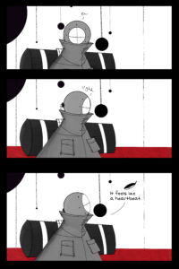 First pannel Folpchett looks around muttering "ew". behind them are the orbs upon a pure white sky. Second pannel has still groggy from the Dive. Third pannel she looks up and says "It feels like a heartbeat."