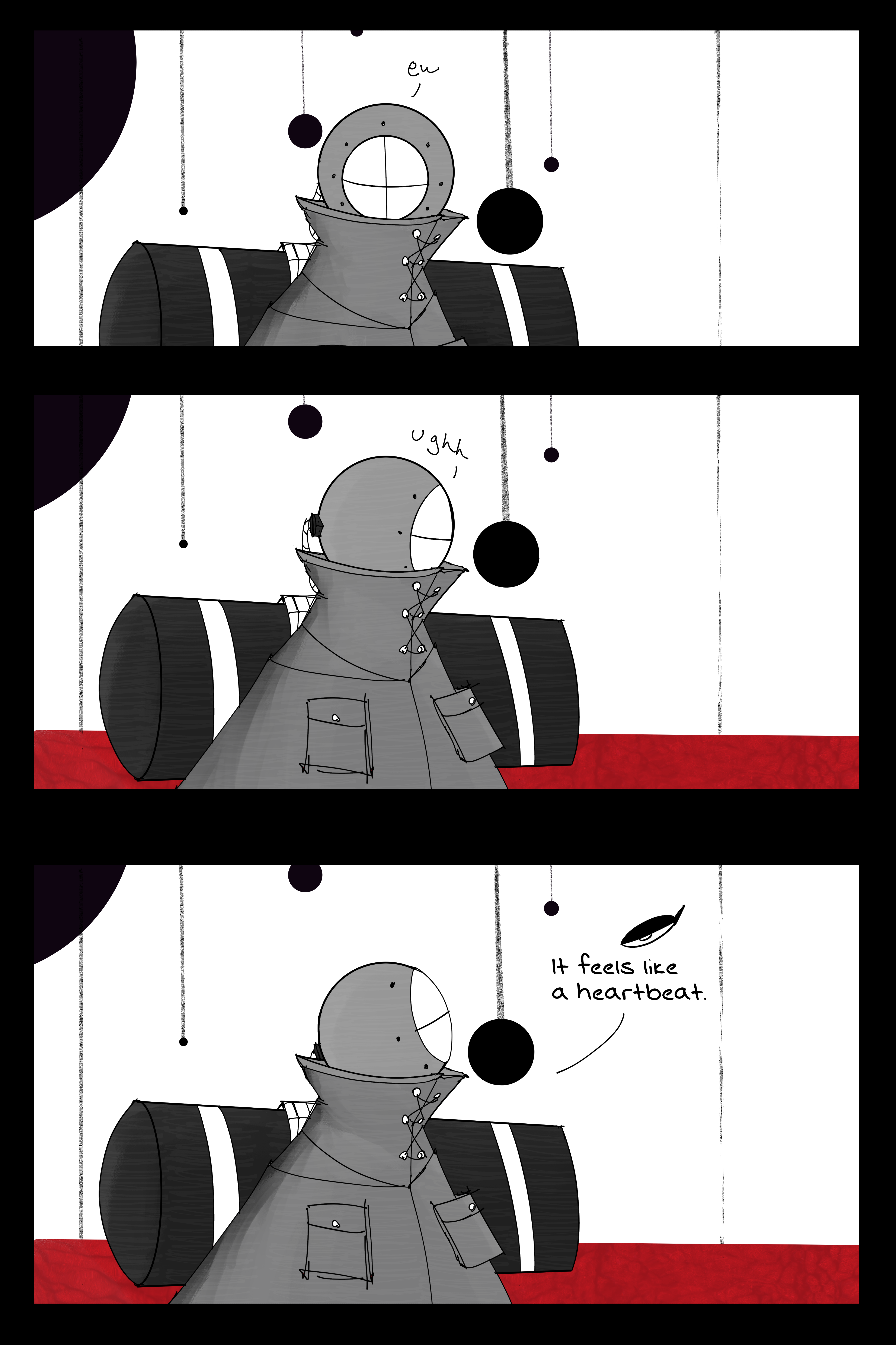First pannel Folpchett looks around muttering "ew". behind them are the orbs upon a pure white sky. Second pannel has still groggy from the Dive. Third pannel she looks up and says "It feels like a heartbeat."