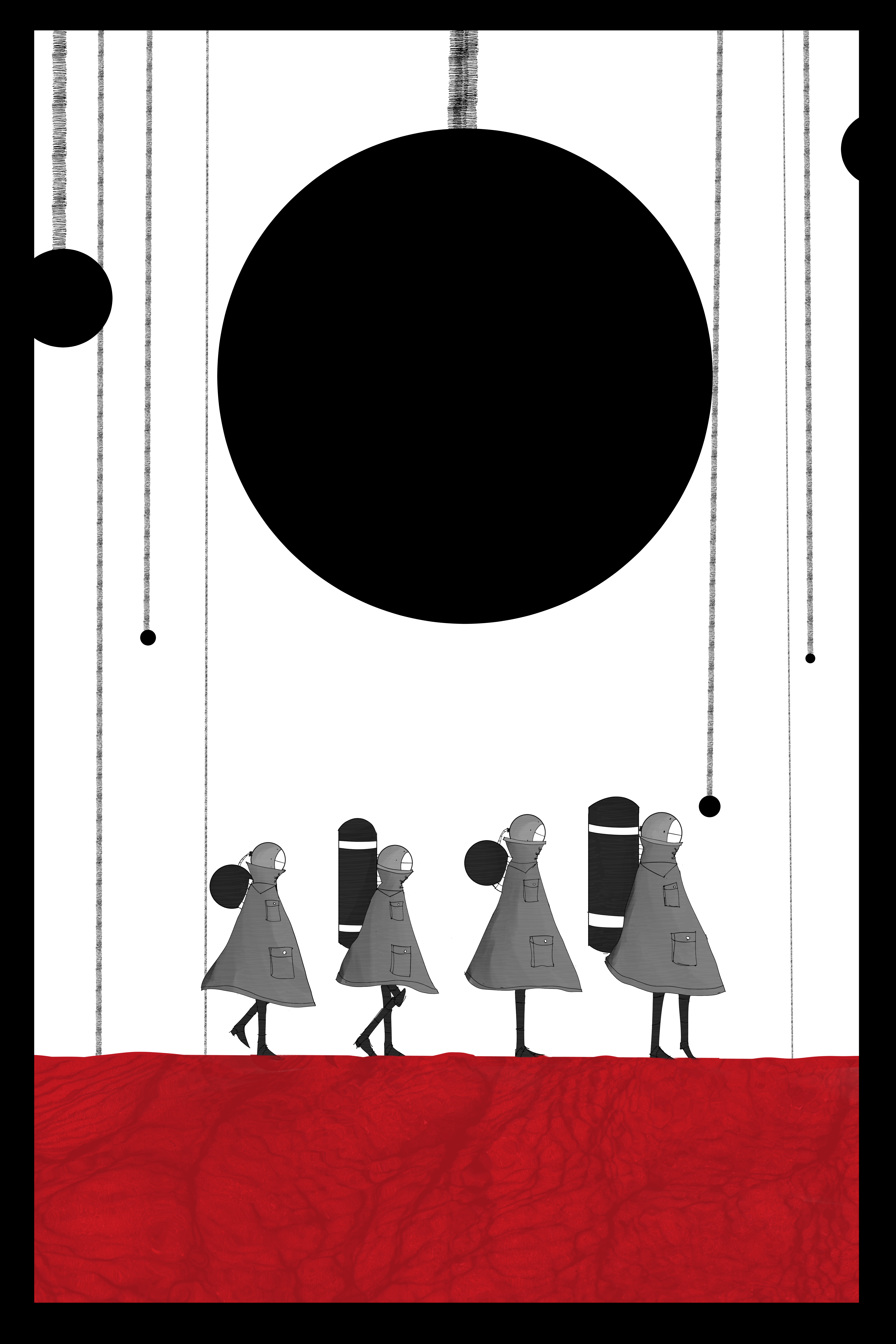 The four divers are walking along the shallow ocean of viens and blood. The black orbs loom in the background. There is silence.