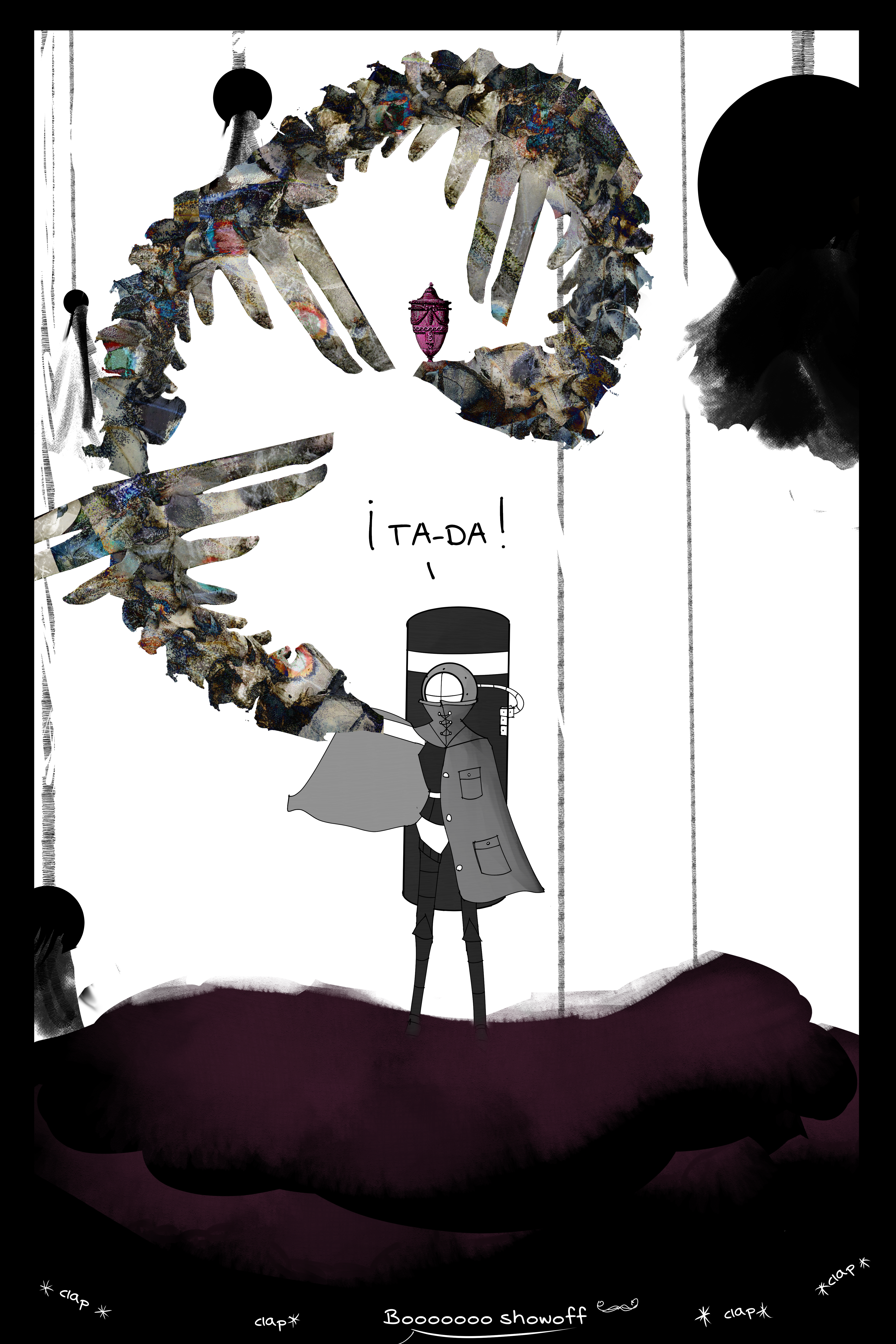 Lain turns around, standing on the corpse of the orb. It is now black and purple and the orbs behind in the distance are also cut open and bleeded out. Lain raises a small pink stained faberge egg with a massive boney arm colored with several colors. It does not fit her or anything human but she is happy about finding the egg. She says "TA-DA!" The other divers clap while Von boos her and calls her a showoff lovingly.