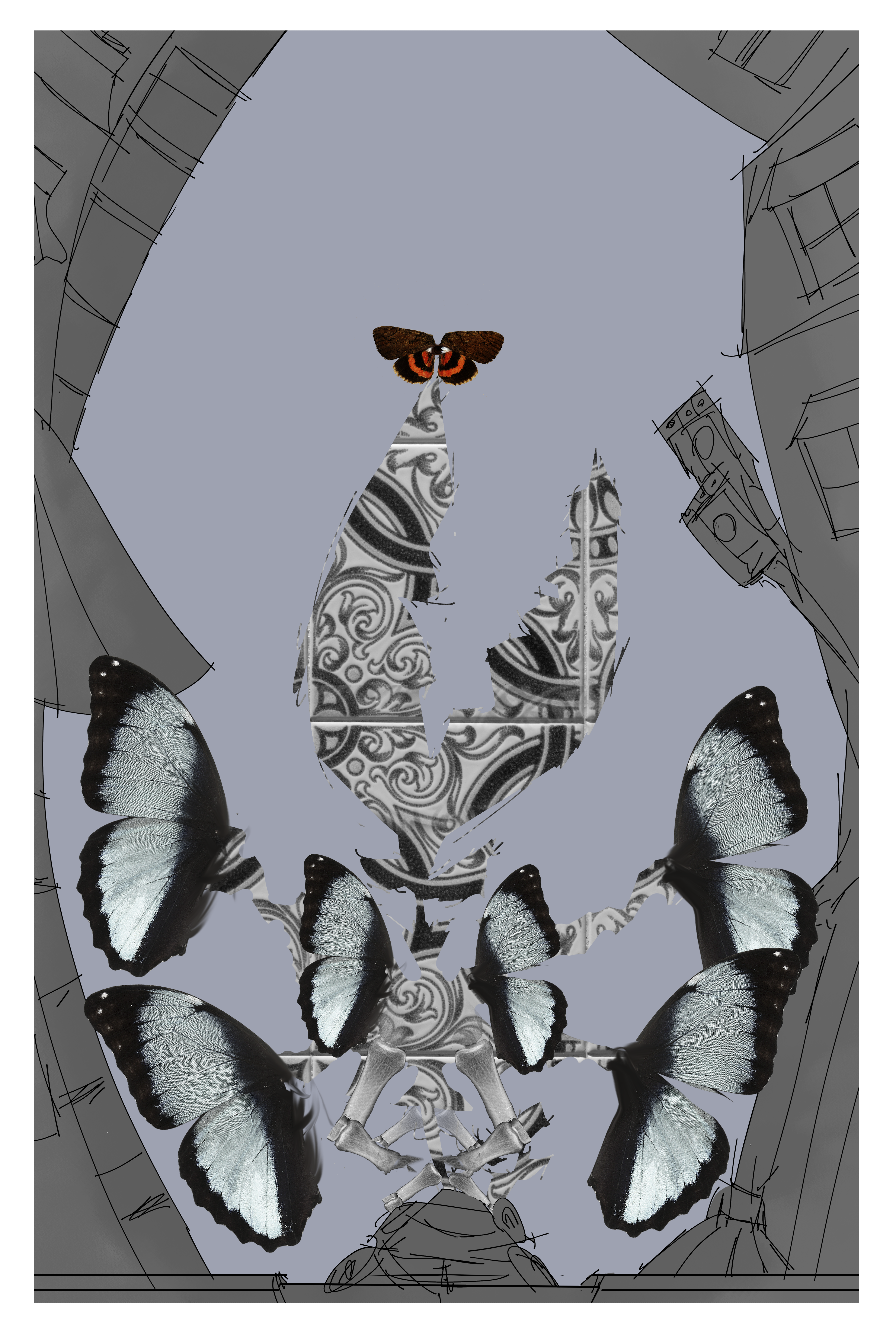 The monster stands almost fully up and spreads its wings. A papercut out of a moth lands on it's head, revealing it's human eye. The cityscape around the monster has shifted and warped around it.