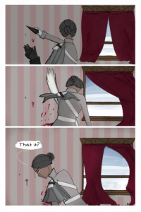 Scene in a dimly lit apartment room facing a window with red curtains. Folpchett has an axe raised up ready to strike someone on the ground. She has on a slightly different uniform with a white and gray short cape and white straps. The person on the ground with their hand raised has a ballistic fist. Second panel is Folpchett slashing down and blood splattering on the wall in the background. Third panel is her hunched over and turning around asking "That it?"