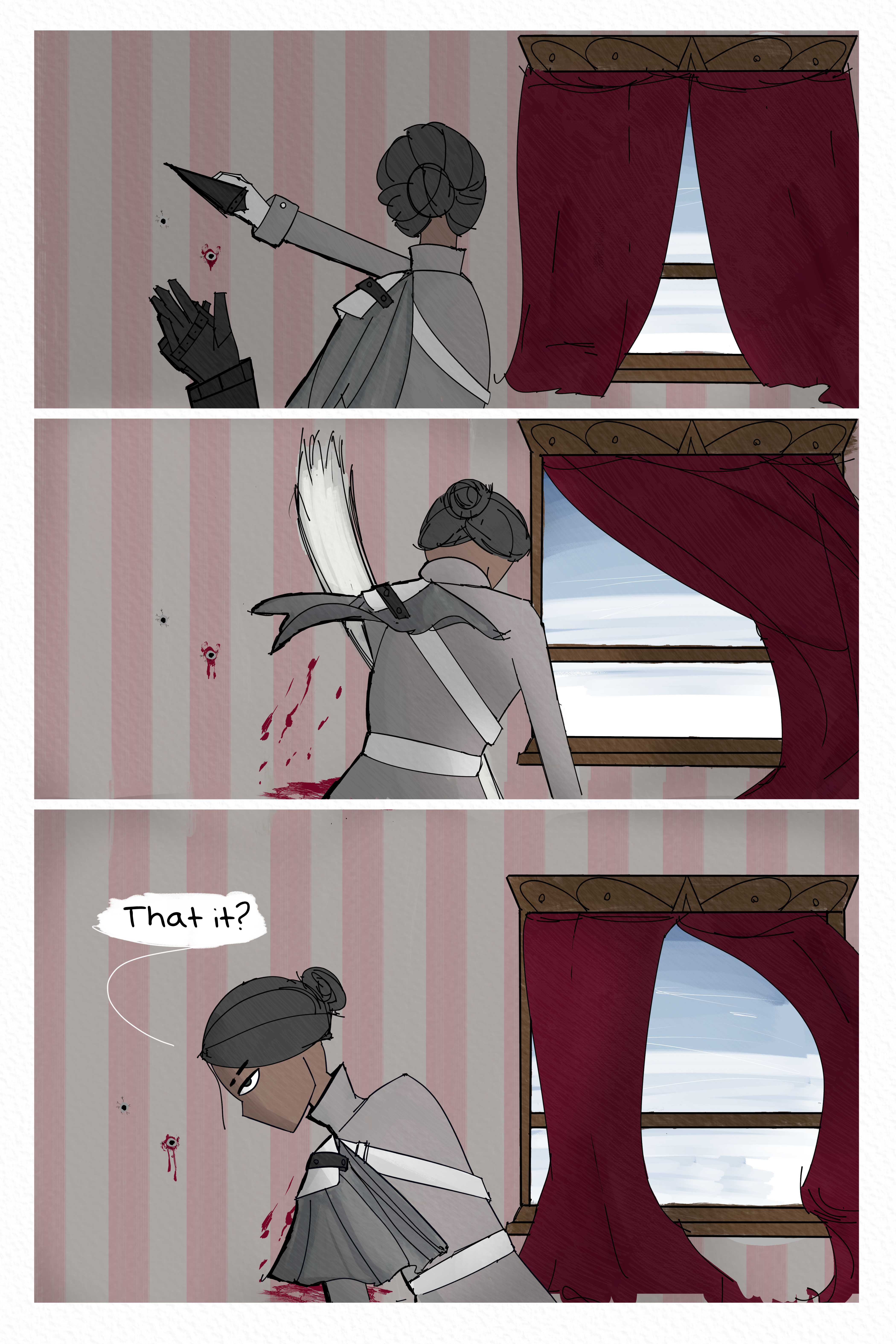 Scene in a dimly lit apartment room facing a window with red curtains. Folpchett has an axe raised up ready to strike someone on the ground. She has on a slightly different uniform with a white and gray short cape and white straps. The person on the ground with their hand raised has a ballistic fist. Second panel is Folpchett slashing down and blood splattering on the wall in the background. Third panel is her hunched over and turning around asking "That it?"