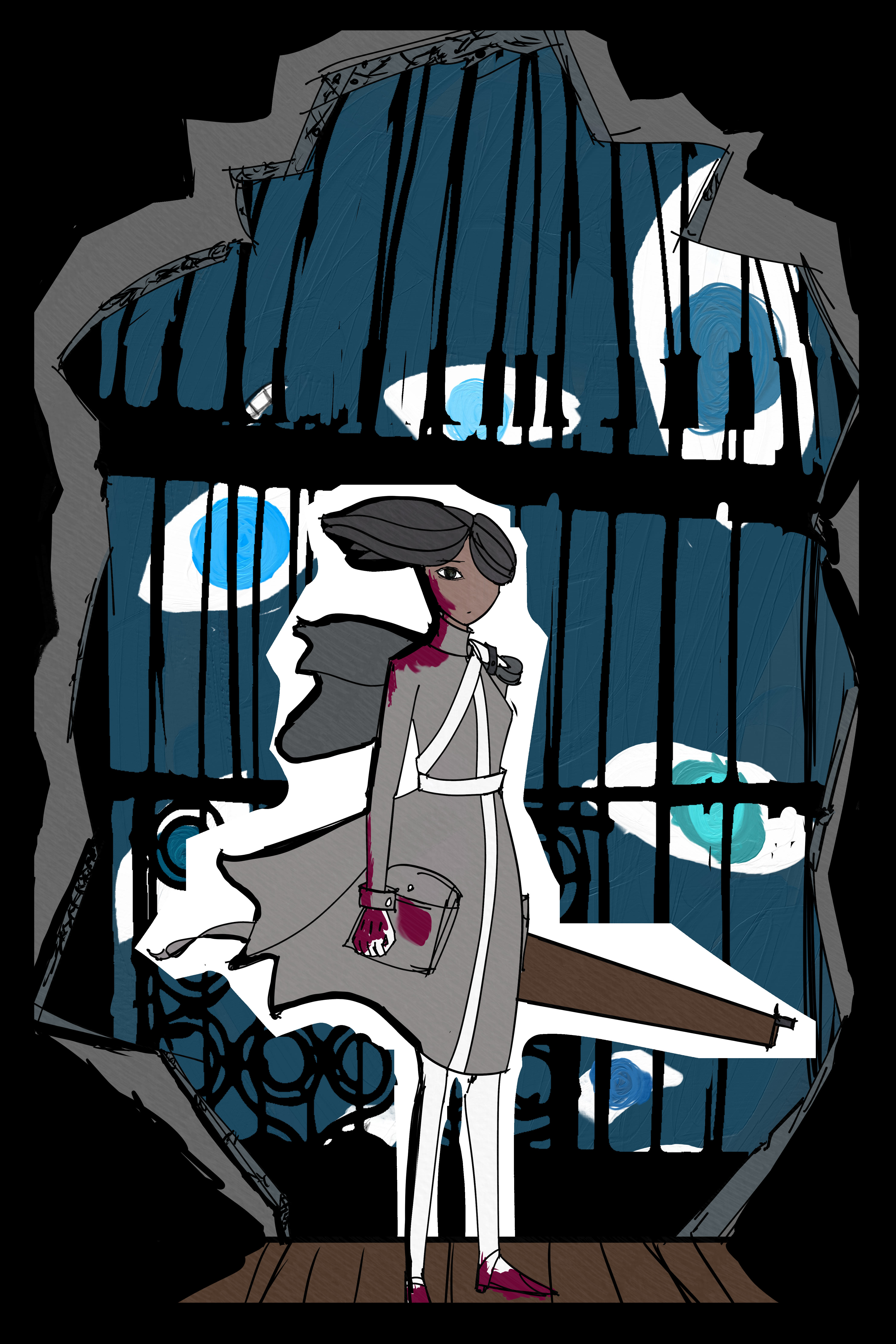 Comic panel of a woman with a rifle staring right at the reader. She is dressed in military garb and has a thousand yard stare. Behind her is a wall that has a blasted hole in it. Behind that is a weird painted abstract with eyes and thick paint.