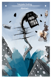 Giant monster explodes from the ground in a ocean wave. Buildings around it are pushed over. Air ships in the background are exploding and one of them is flying away.