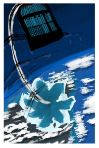 Large abstract monster is entering the upper atmosphere. The planet below is covered in clouds and waves of blues and whites.