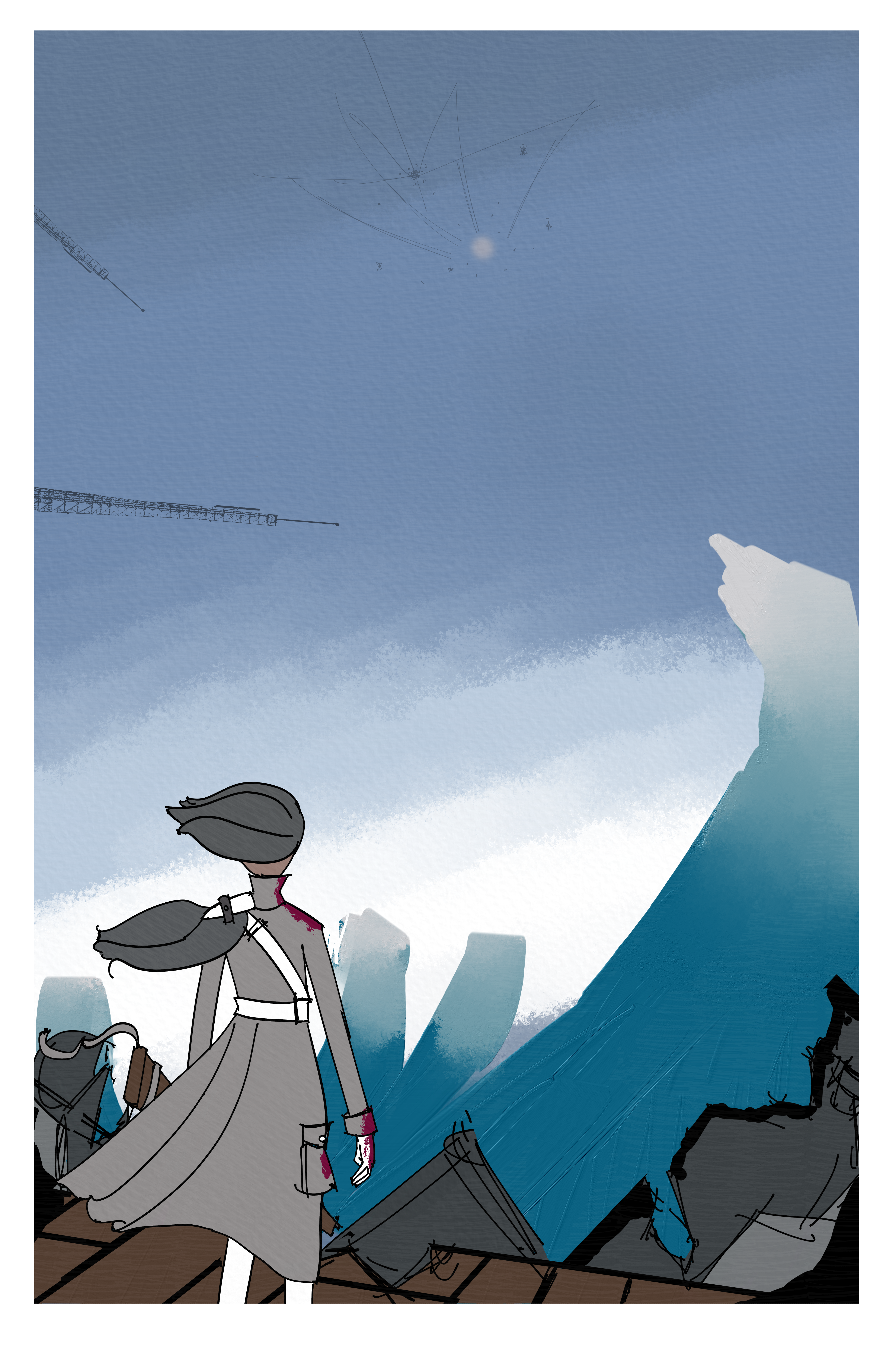 woman staring up at the sky, where the sun is getting devoured by an abstract monster.