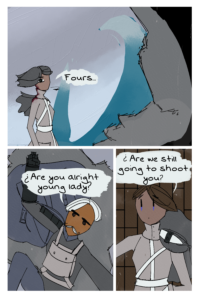 Comic page with three panels. Top one is a woman turning around with a thousand yard stare saying "Fours" in reference to Fourcade. Behind her is blue wave pedal thing and in the foreground is a cracked and destroyed wall. Bottom left panel is a large man holding up a piece of falling ceiling while looking down asking "Are you alright young lady?" The right bottom panel is a young man layting on his back asking "Are we still going to shoot you?"
