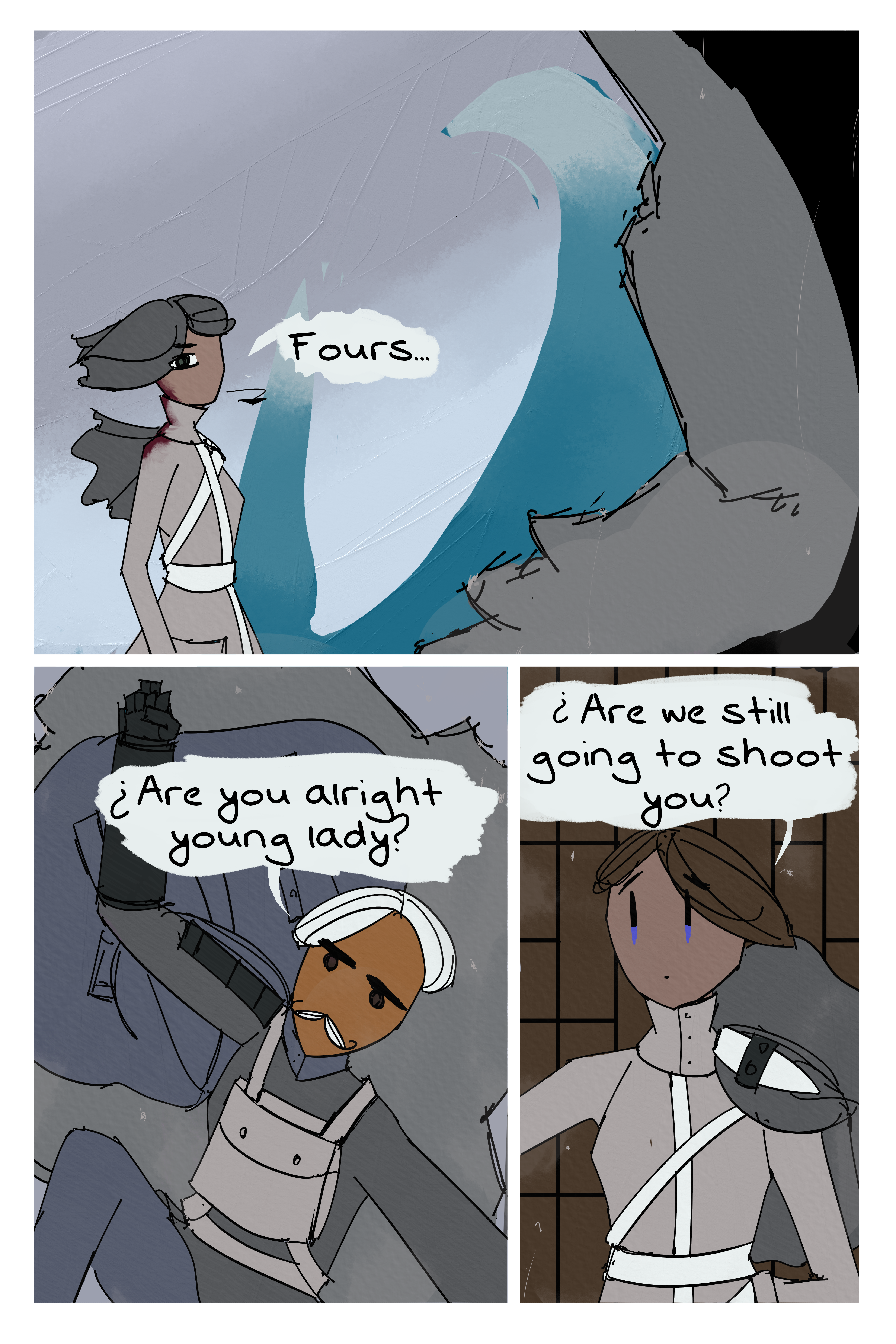 Comic page with three panels. Top one is a woman turning around with a thousand yard stare saying "Fours" in reference to Fourcade. Behind her is blue wave pedal thing and in the foreground is a cracked and destroyed wall. Bottom left panel is a large man holding up a piece of falling ceiling while looking down asking "Are you alright young lady?" The right bottom panel is a young man layting on his back asking "Are we still going to shoot you?"