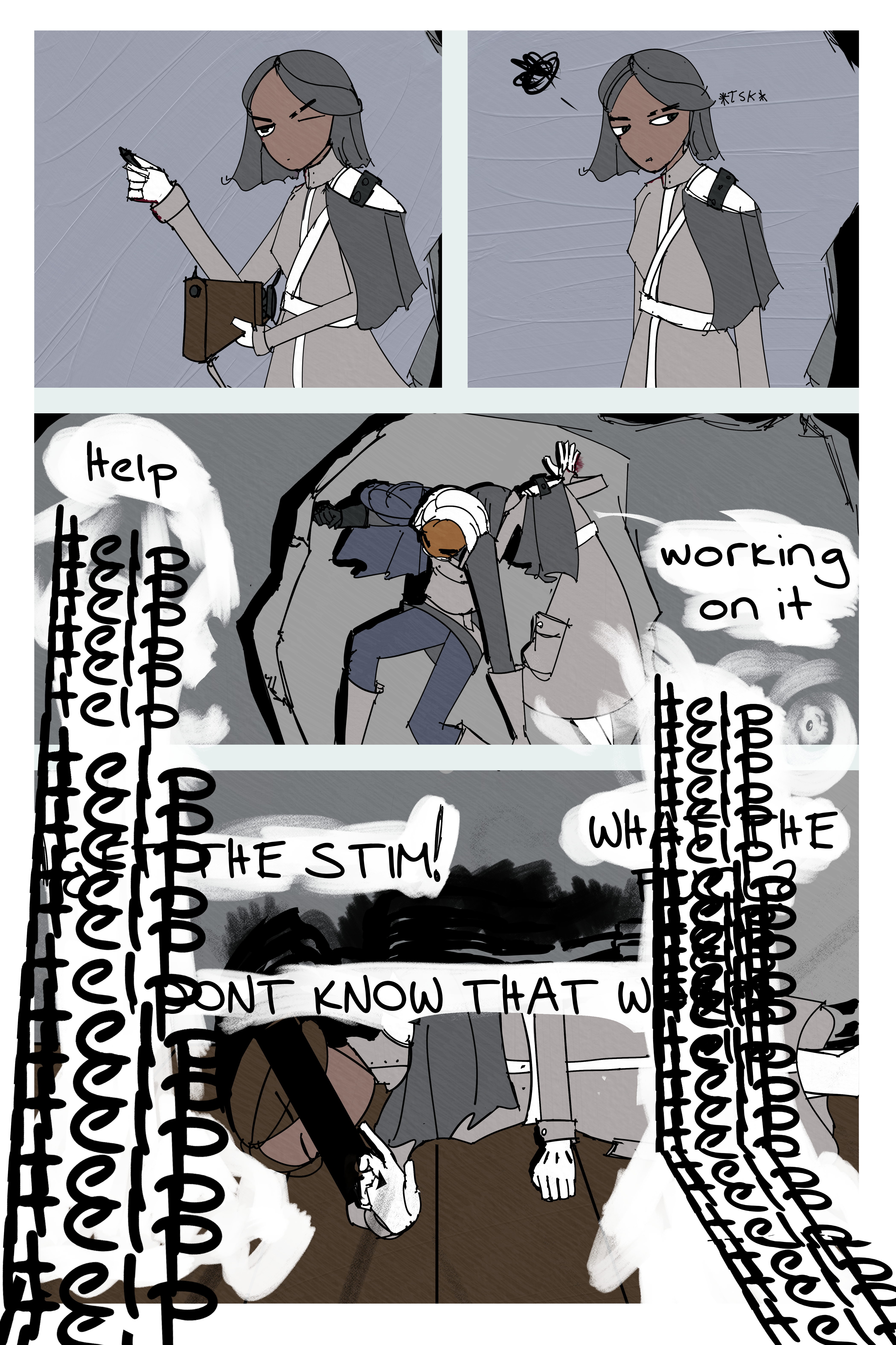 Four comic panels. Top two are Folp in the middle of loading her gun and then sighing when she realized she can't shoot Vonnel lol. The third panel is Folp and Vonnel lifting up part of the ceiling that fell. Fourcade asks for help from the bottom of the page while Folp responds with "working on it" The last panel is Fourcade asking for help over and over as it starts to bleed out of the panel border. There is now a censor bar over his eyes. folp yells "Get the stim!" and "What the fuck?" Vonnel reponds with "I dont know that word."