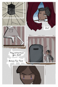 Four panel comic page that are not touching. First is a fancy glass ceiling light turning on. Second is a woman, Folpchett, looking up at that light. She has blood on her right side of her face. She goes "eh?" Third panel is someone running to her. Fourth is that person pushing Folpchett down and placing a ballistic shield in place. Last panel is a close up of Fourcade saying "brace for fire!"