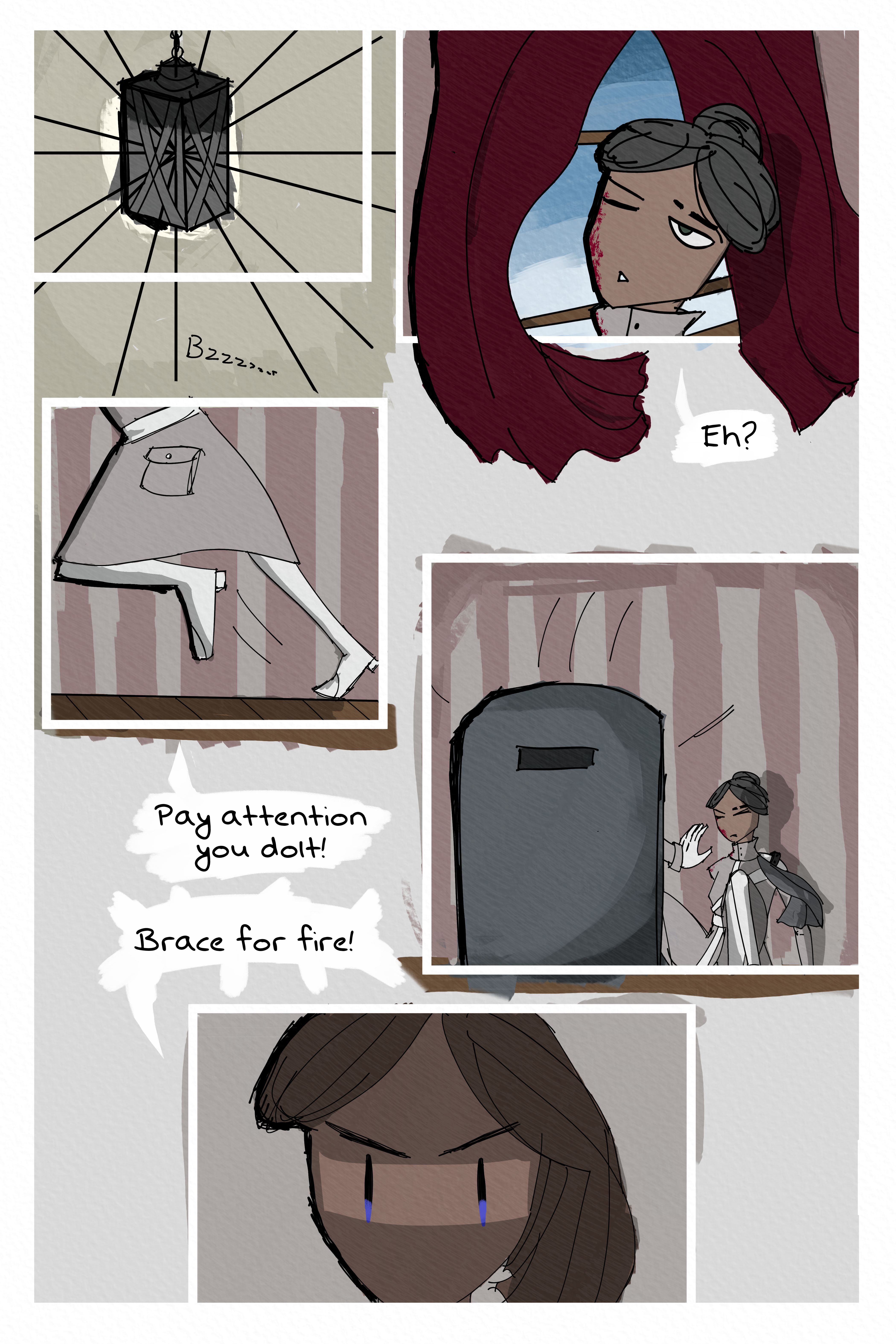 Four panel comic page that are not touching. First is a fancy glass ceiling light turning on. Second is a woman, Folpchett, looking up at that light. She has blood on her right side of her face. She goes "eh?" Third panel is someone running to her. Fourth is that person pushing Folpchett down and placing a ballistic shield in place. Last panel is a close up of Fourcade saying "brace for fire!"