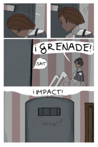 Four panels. of Fourcade ducking behind his shield, then getting confused the gun firing at him topped. Folpchett is on the ground and getting up shouting GRENADE! Last panel is Fourcade lifing the blast shield opening and yelling IMPACT!