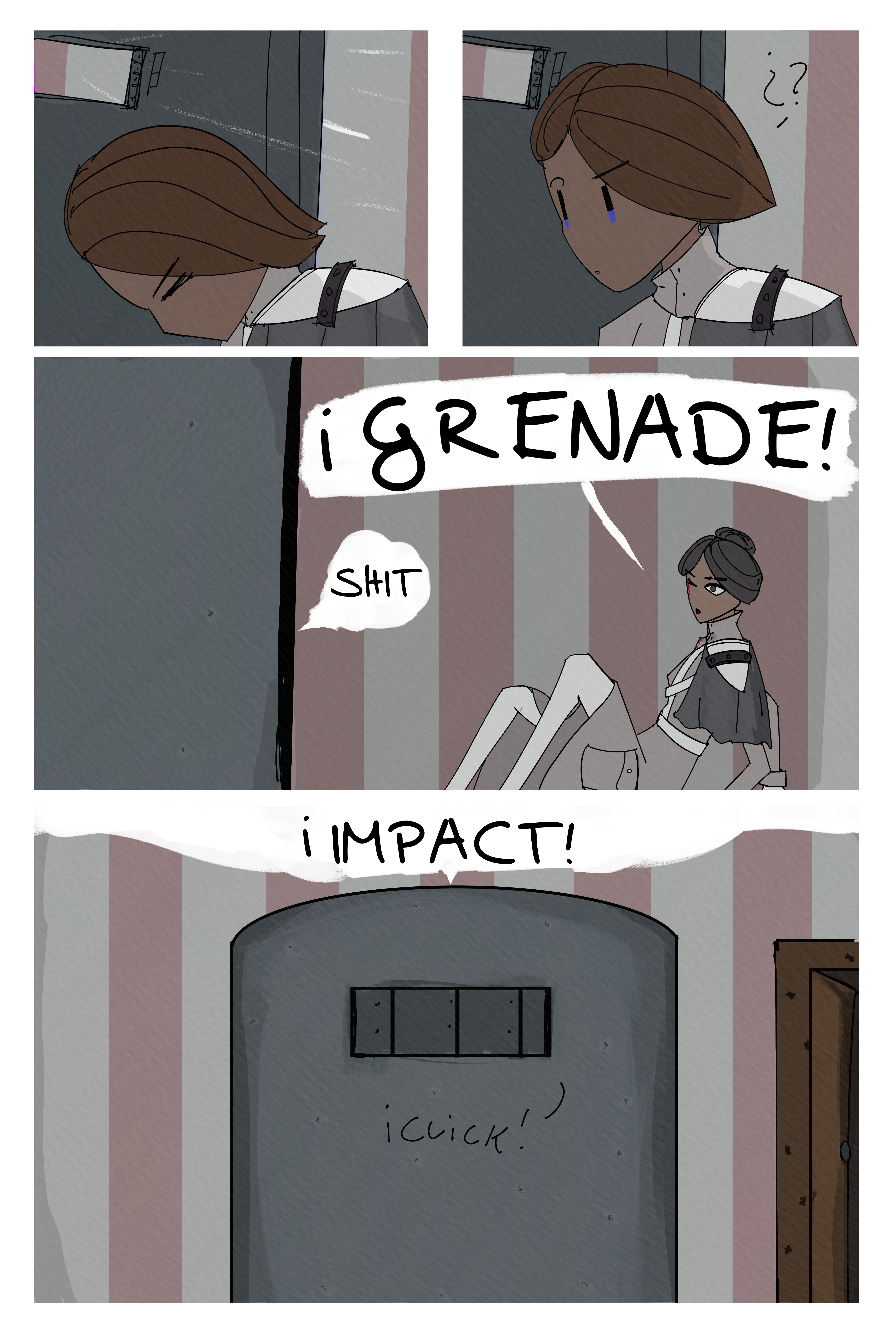 Four panels. of Fourcade ducking behind his shield, then getting confused the gun firing at him topped. Folpchett is on the ground and getting up shouting GRENADE! Last panel is Fourcade lifing the blast shield opening and yelling IMPACT!