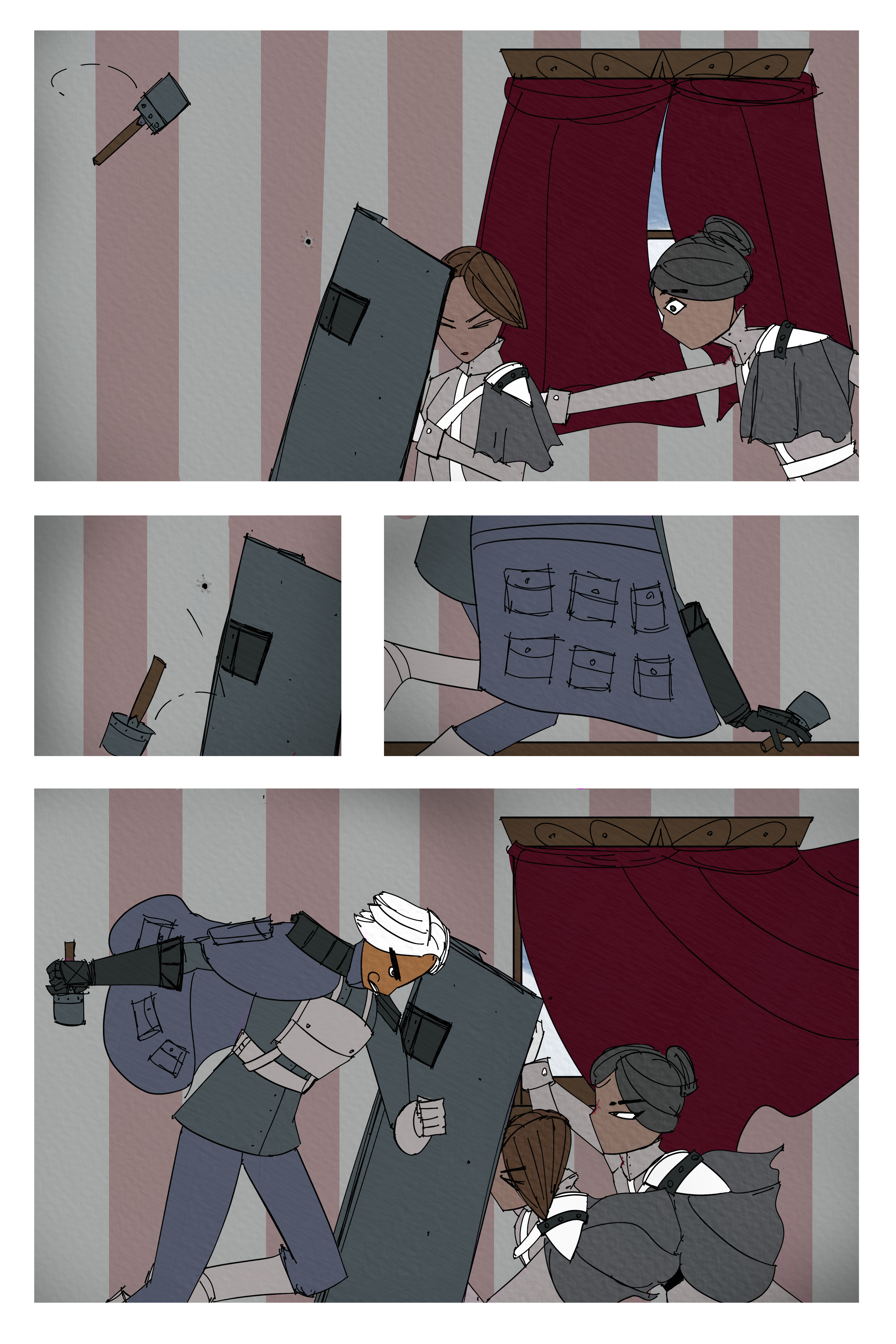 Four panel comic showing a scene of a grenade being thrown at a shield. The shield is being used by two people, Fourcade and Folpchett. The grenade bounces of the shield, but is picked up by someone. The last shot is a tall man shoulder tackling the shield with the grenade in the other hand. Folpchett and Fourcade are bracing against the shield.