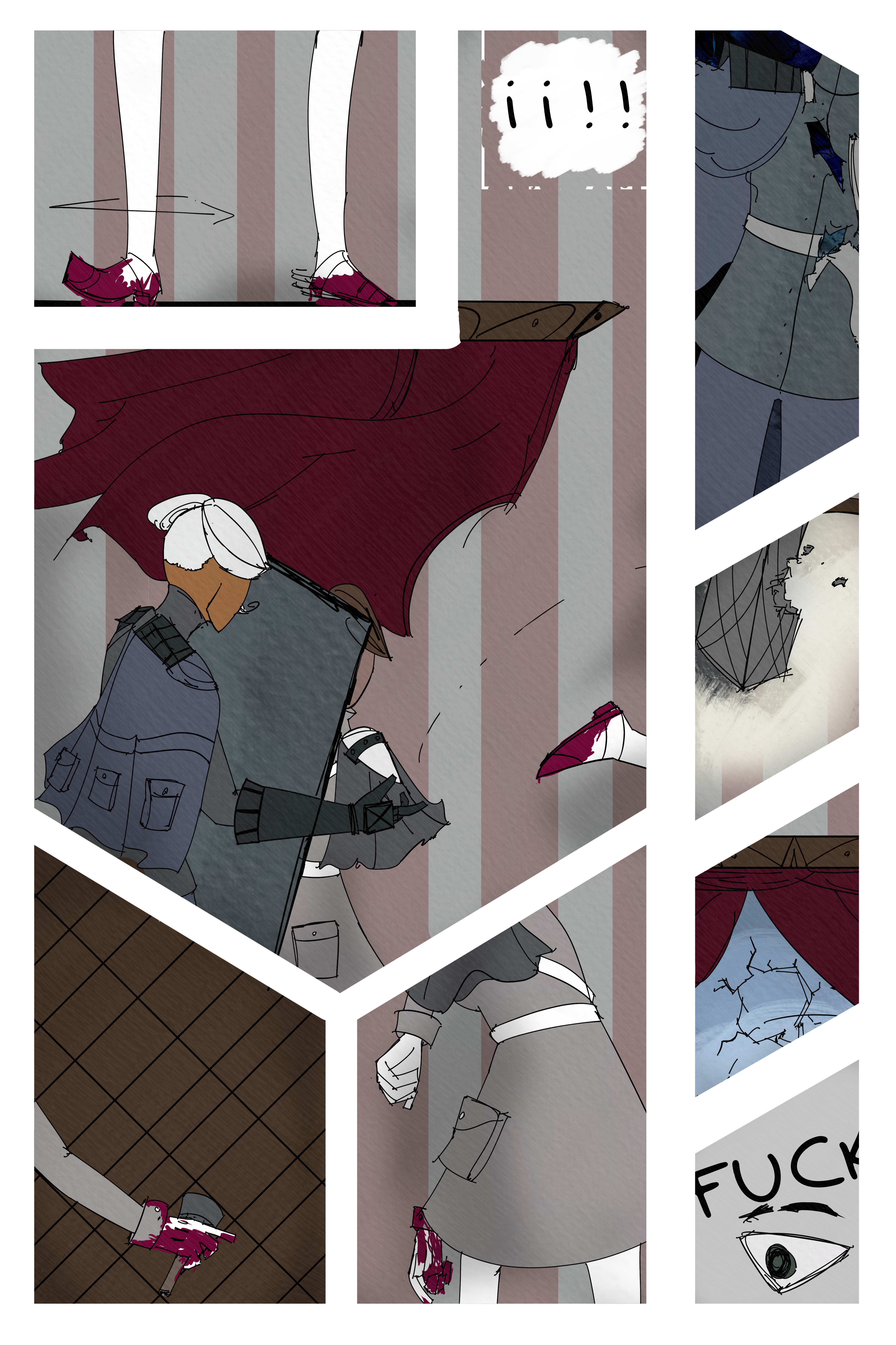 Several panels of Vonnel throwing a grenade past the shield that Fourcade and Folpchett were holding. Folp picks up the grenade and throws it out the window while yelling FUCK.