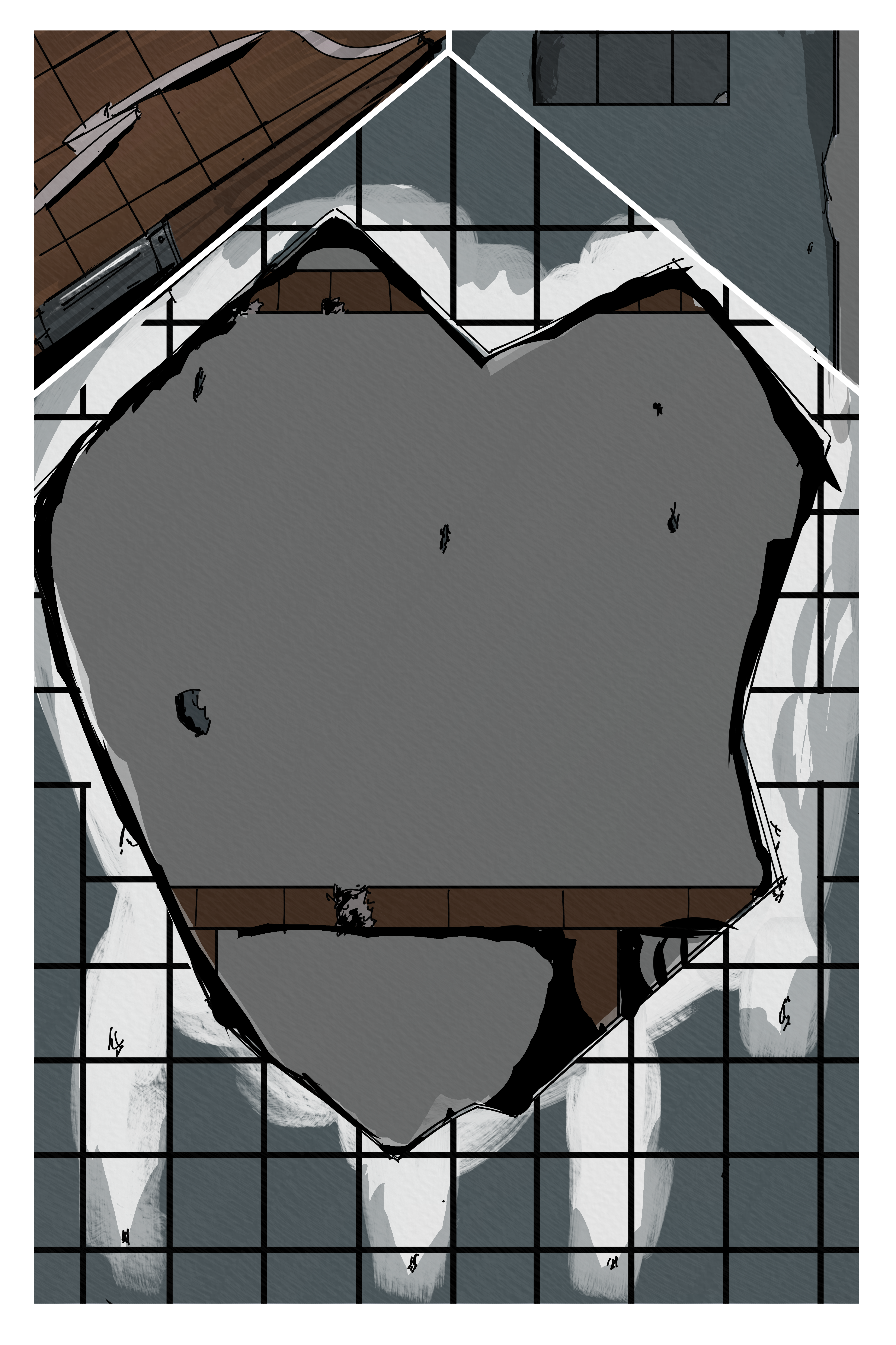 Two panels. One of a rifle on the floor, and the other is a hole in the side of the building. Showing the inside of the room.