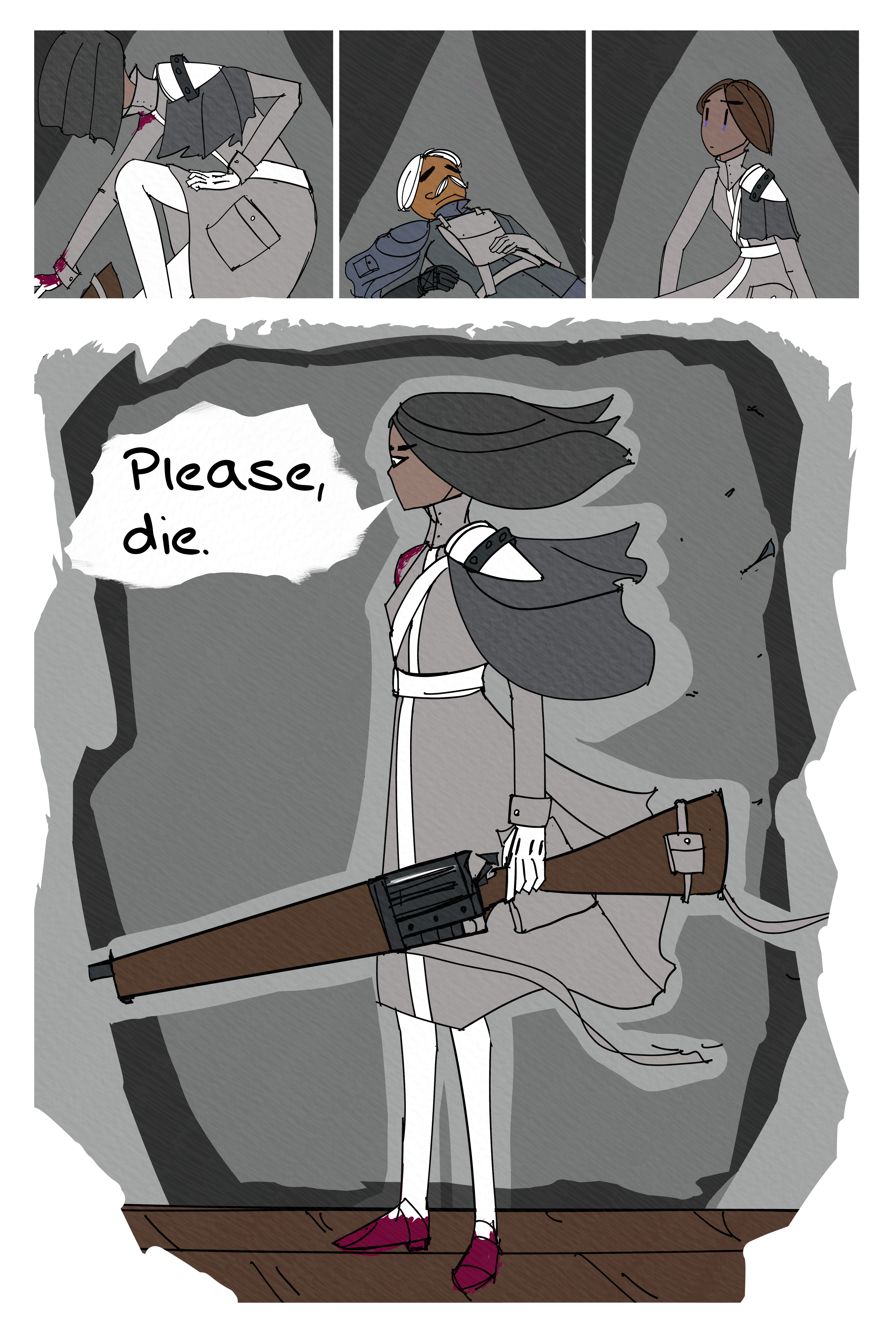 Four panels of a webcomic. Top three are three people getting up with a sort of stage light. The woman in the first panel is starting to stand up grabbing a rifle that's out of view. Last panel is the largest one on the page. The woman in a ww1 style uniform is standing up, rifle in hand saying "please die"
