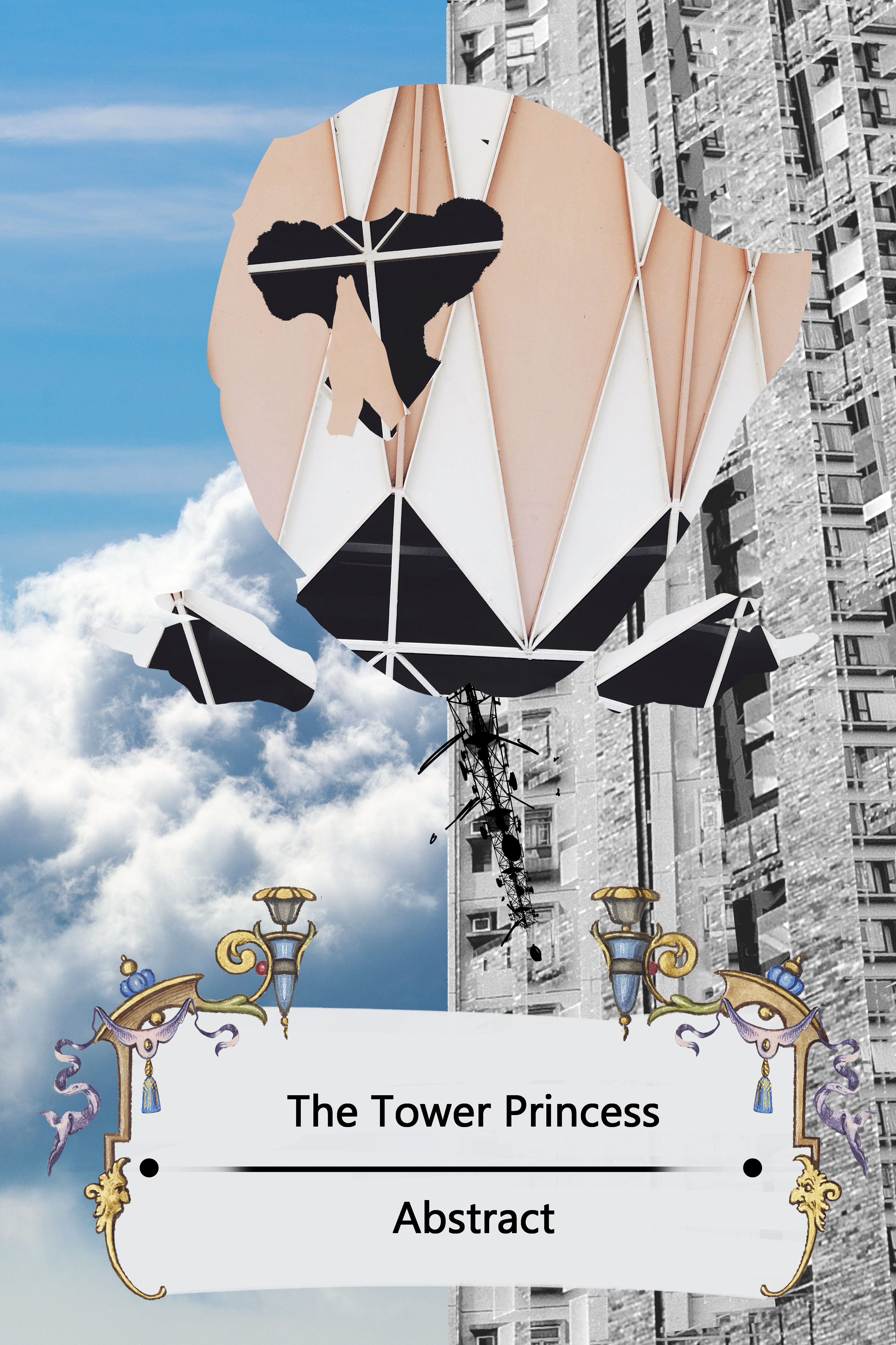 Falling abstract woman with multiple hands and a large tower behind her. There is a title screen that says "The Tower Princess/Abstract."