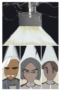 Four comic panels. Top one is a collage of wires and metal to make a stage light. Bottom three panels are Vonnel, Folp and Fours looking forward with an angry expression.