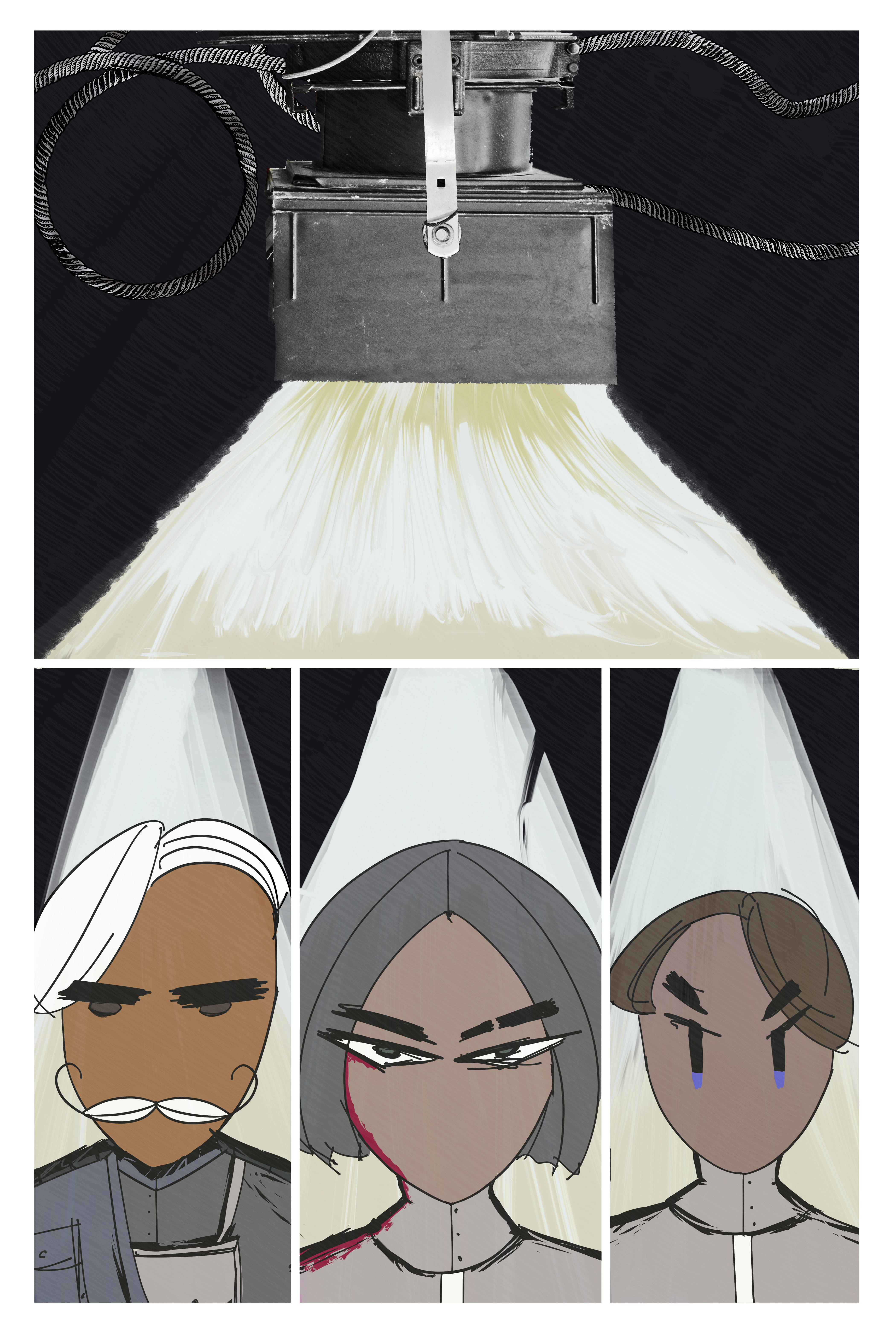 Four comic panels. Top one is a collage of wires and metal to make a stage light. Bottom three panels are Vonnel, Folp and Fours looking forward with an angry expression.