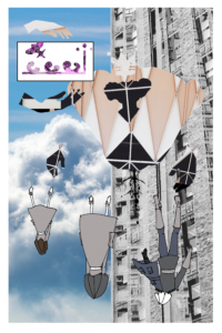 II "WHERE IS MY KNIGHT?" SHE ASKED TO THE EMPTY ROOMS OF THE TOWER II comic panel of three people falling in the sky. There is a large abstract princess with multiple hands and holding up a text box. The language is unknown.