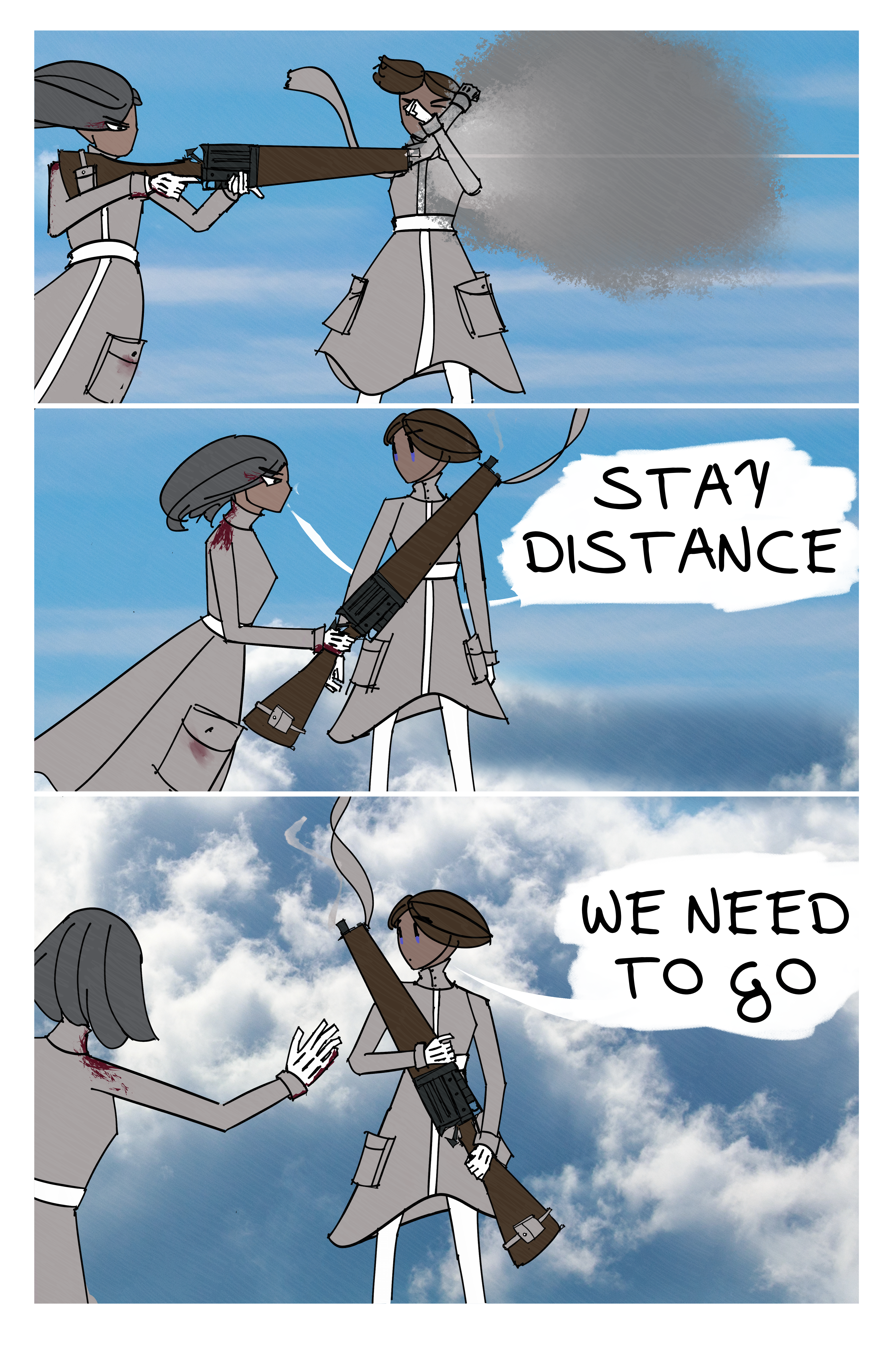 Comic page with three panels. Top panel is a woman shooting a revolver rifle and saving a man who dodged out of the way. Second panel is that woman telling the man to keep away from the abstract monster off screen. She hands him the rifle. Third panel is that woman pushing the man away as they both fall. The man says "we need to go"