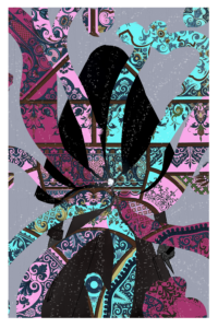 The same dark image but now an explosion of colors patterns and sparkles litter the page.
