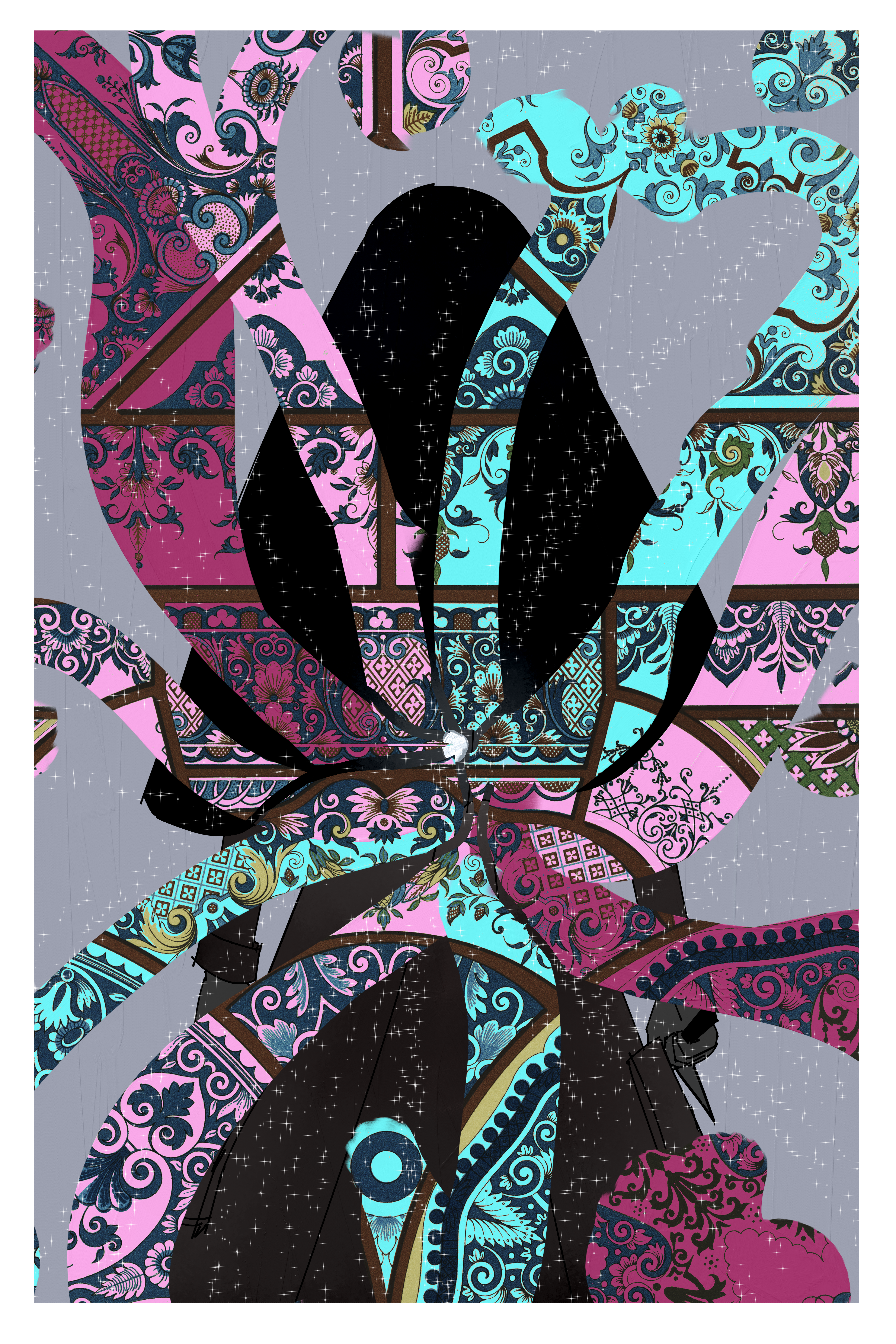 The same dark image but now an explosion of colors patterns and sparkles litter the page.