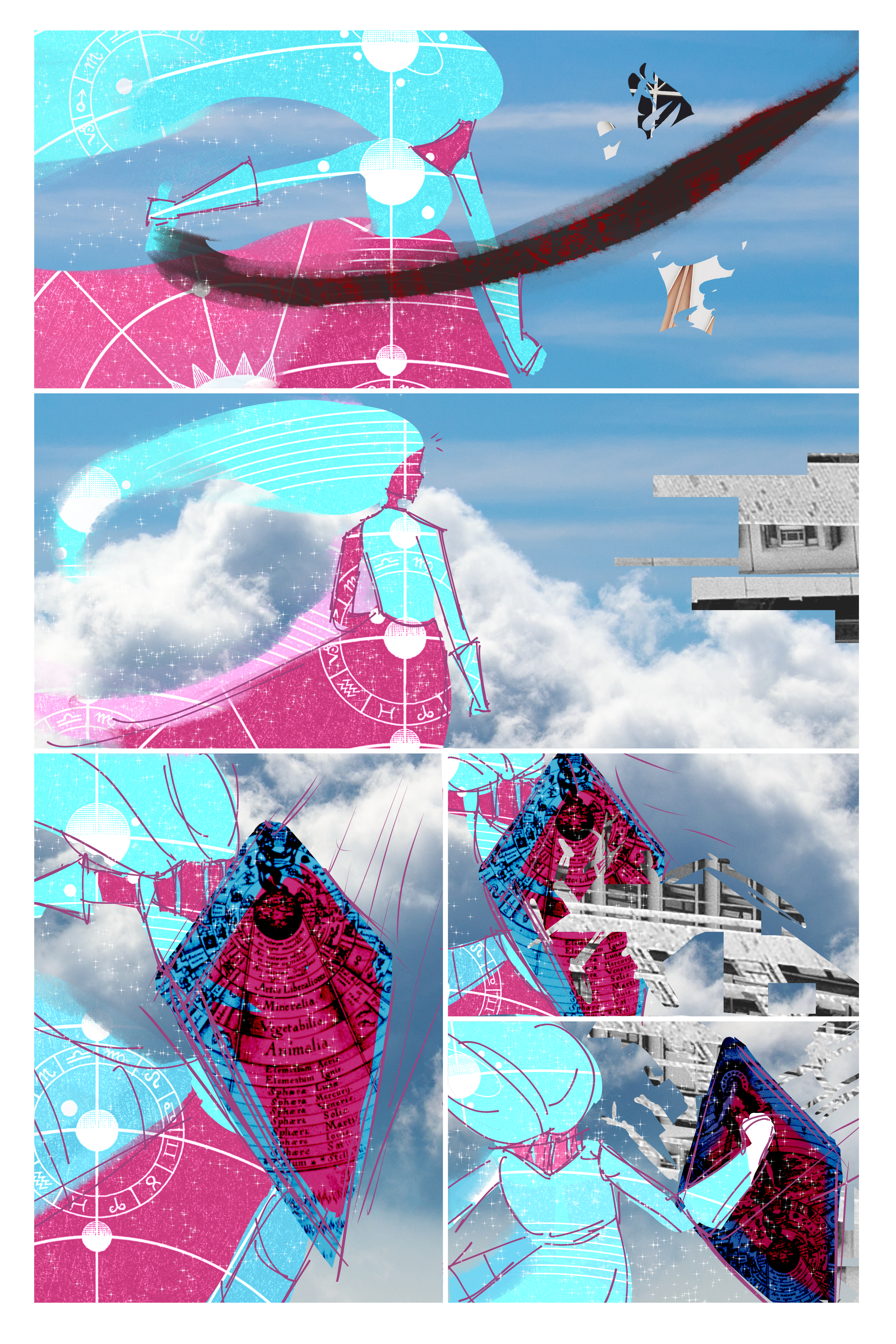 Comic page with five panels. First one is a glowing colorful knight swiping a bunch of abstract hands away. Second is her turning her head to see a tower attack heading towards her. Third is her summoning a shield to block attack. Fourth is tower attack hitting the shield. Last panel is her parrying the tower.