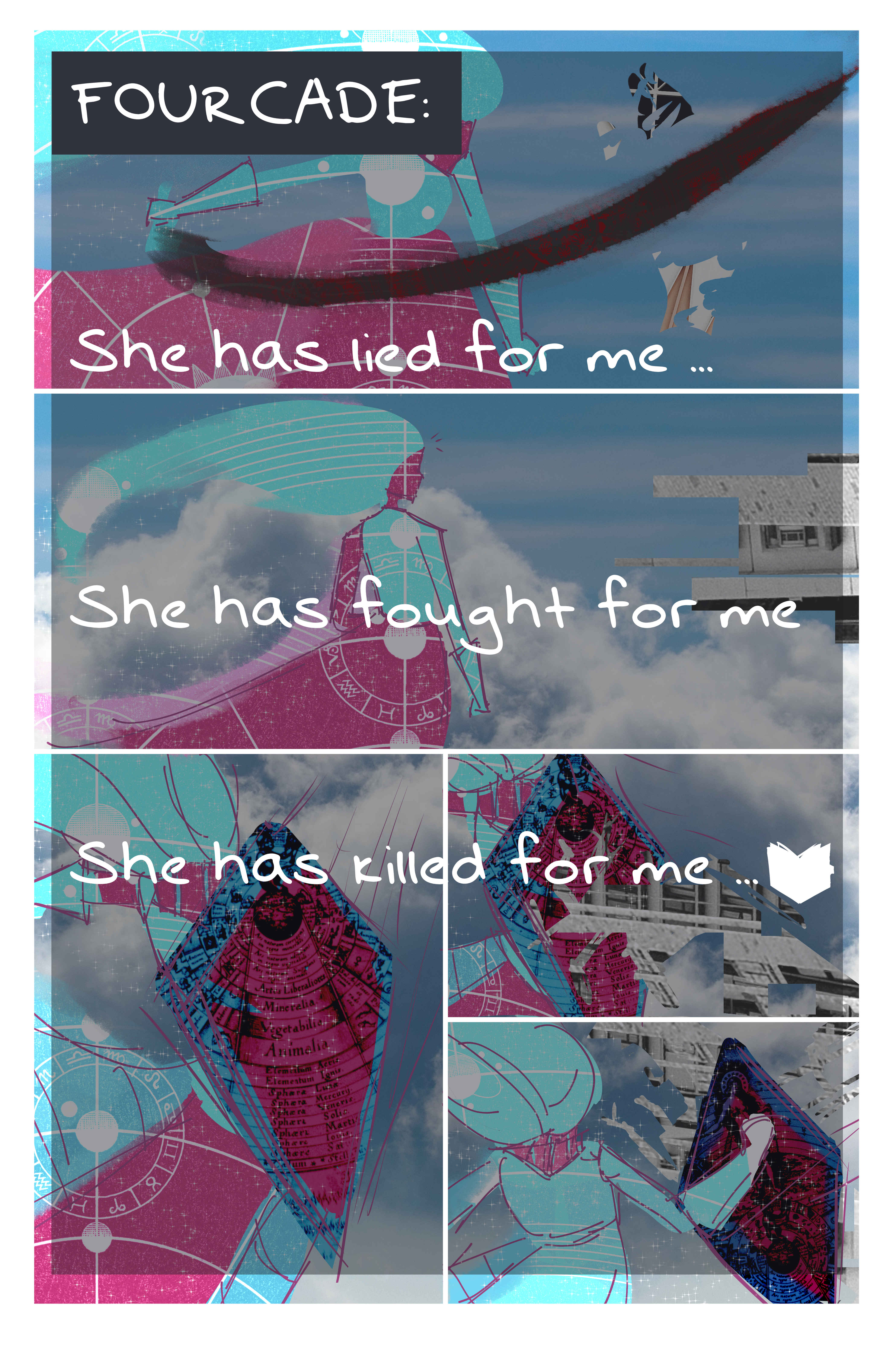 Same comic page as before but with a visual novel text. Fourcade is speaking. "She has lied for me. She has fought for me. She has killed for me."