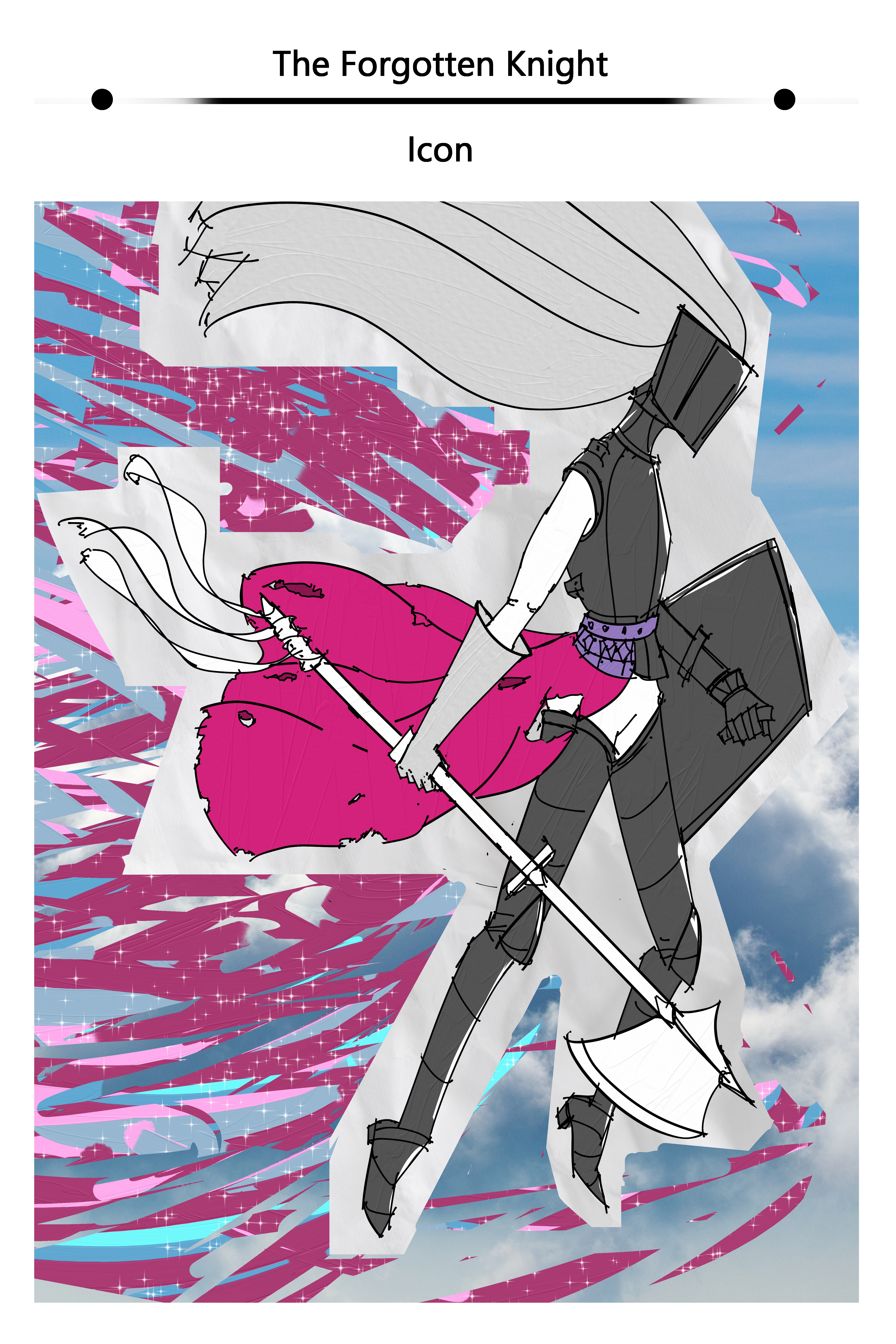 Comic page with a knight holding a large axe. There are bright colors coming off her and a title above her name reading "the forgotten knight, Icon"