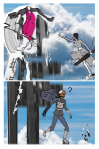Comic page with two panels. Top one is thea knight Folpchett getting hit from below by a large tower. Off to the side Fourcade is reaching for her. . Second panel is Vonnel looking behind him as the tower ascends at a fast pace.