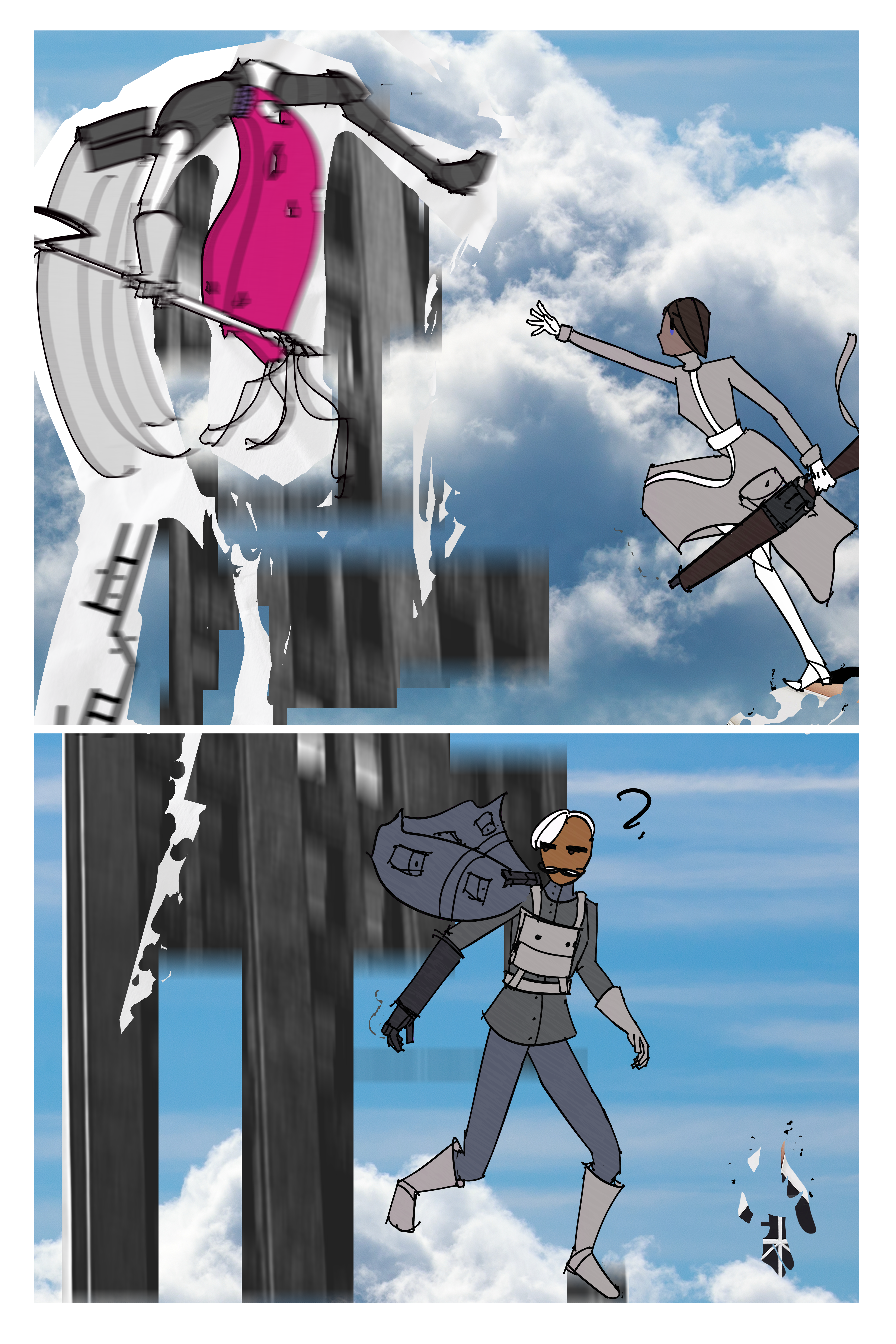 Comic page with two panels. Top one is thea knight Folpchett getting hit from below by a large tower. Off to the side Fourcade is reaching for her. . Second panel is Vonnel looking behind him as the tower ascends at a fast pace.