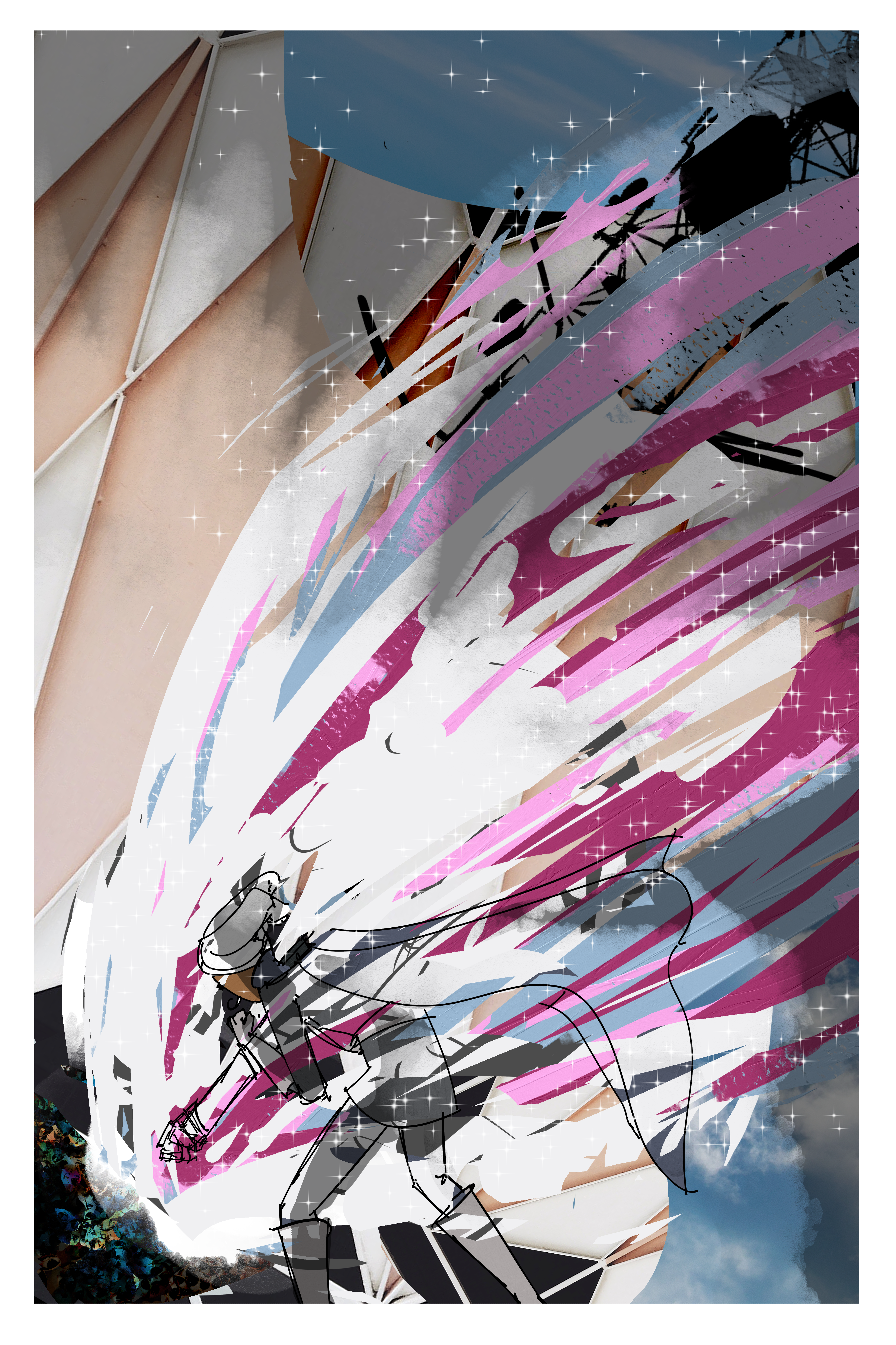 Webcomic page with Vonnel punching the Tower Princess, large abstract being. There are a bunch of pastel colors and white sparkles all over the punch.