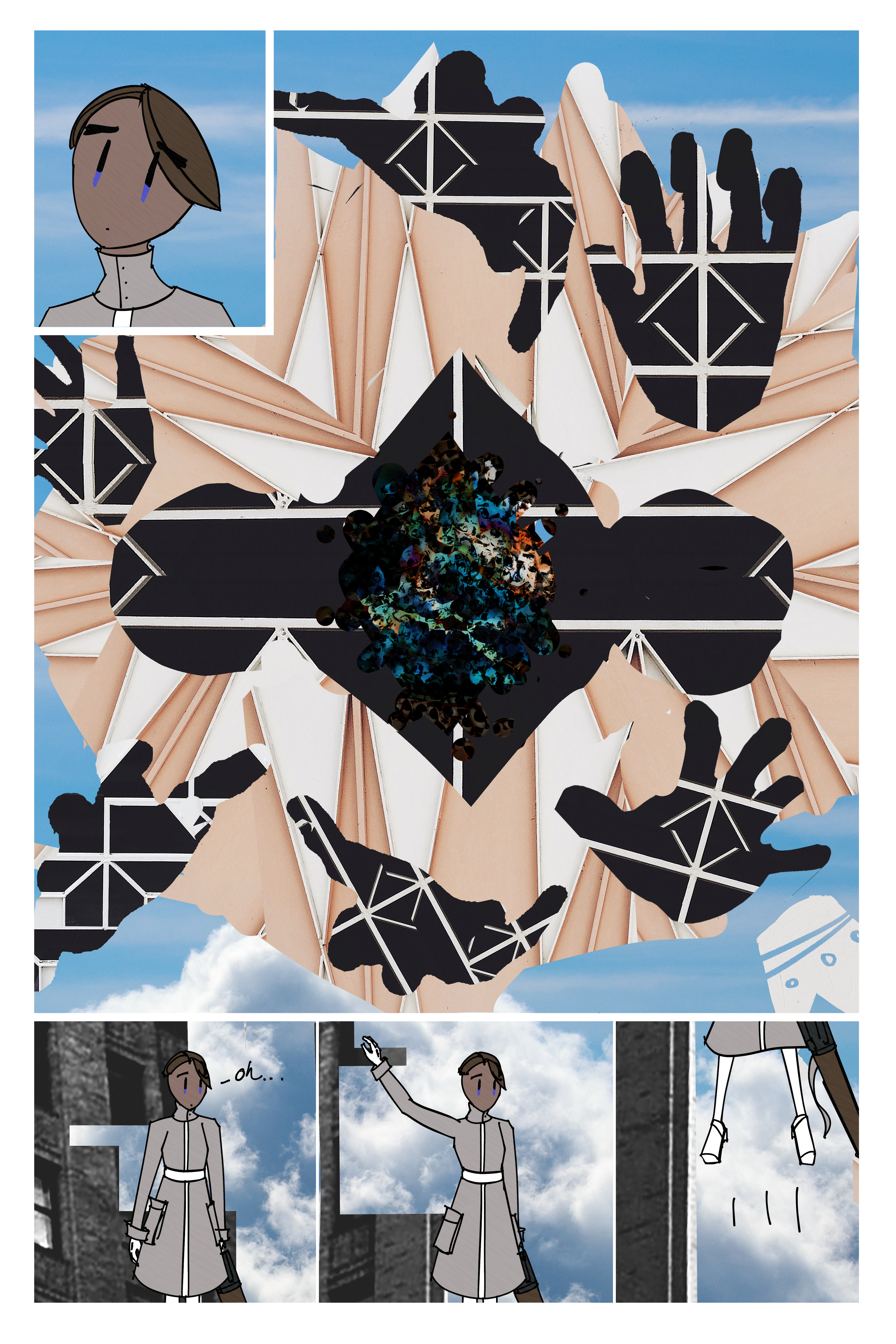 Comic page with four panels. Top left small panel is Fourcade looking over his shoulder. The second large panel is the Tower Princess abstract reaching towards the camera. It has many more hands that are separated from the body and has a mouth thing full of eyes and teeth. It's weird yeah. The last three bottom panels are Fourcade going "oh" then graving onto the tower to escape the Princess' attack.