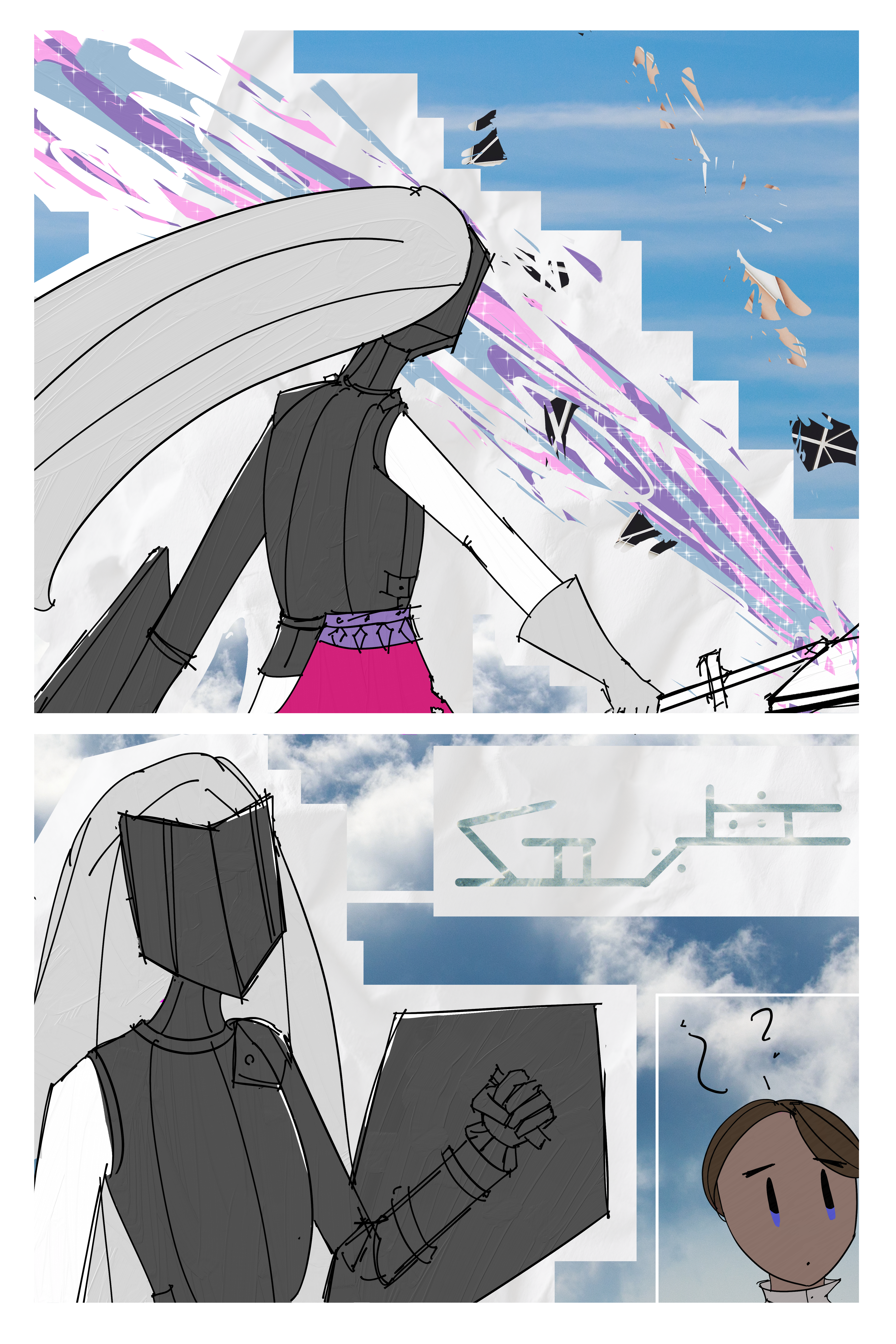 Comic page with two panels. Top panel is a knight woman slashing a couple of abstract hands. It is very colorful I legit hope this alt text helps ; ;. Second panel is the knight turning around and talking in an unknown language. Fourcade is in the bottom of the page looking very confused.