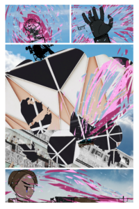 Webcomic page for SEASCAPE. Three panels. Top is Vonnel looking down at his hand after punching the TOWER PRINCESS and seeing the magic dissipate. He says in his native language "fuck". Second panel is the TOWER PRINCESS reeling from the attack he gave her in the page before. She is now missing a part of her main body. The third panel is Fourcade aiming down the sights of his revolver rifle.