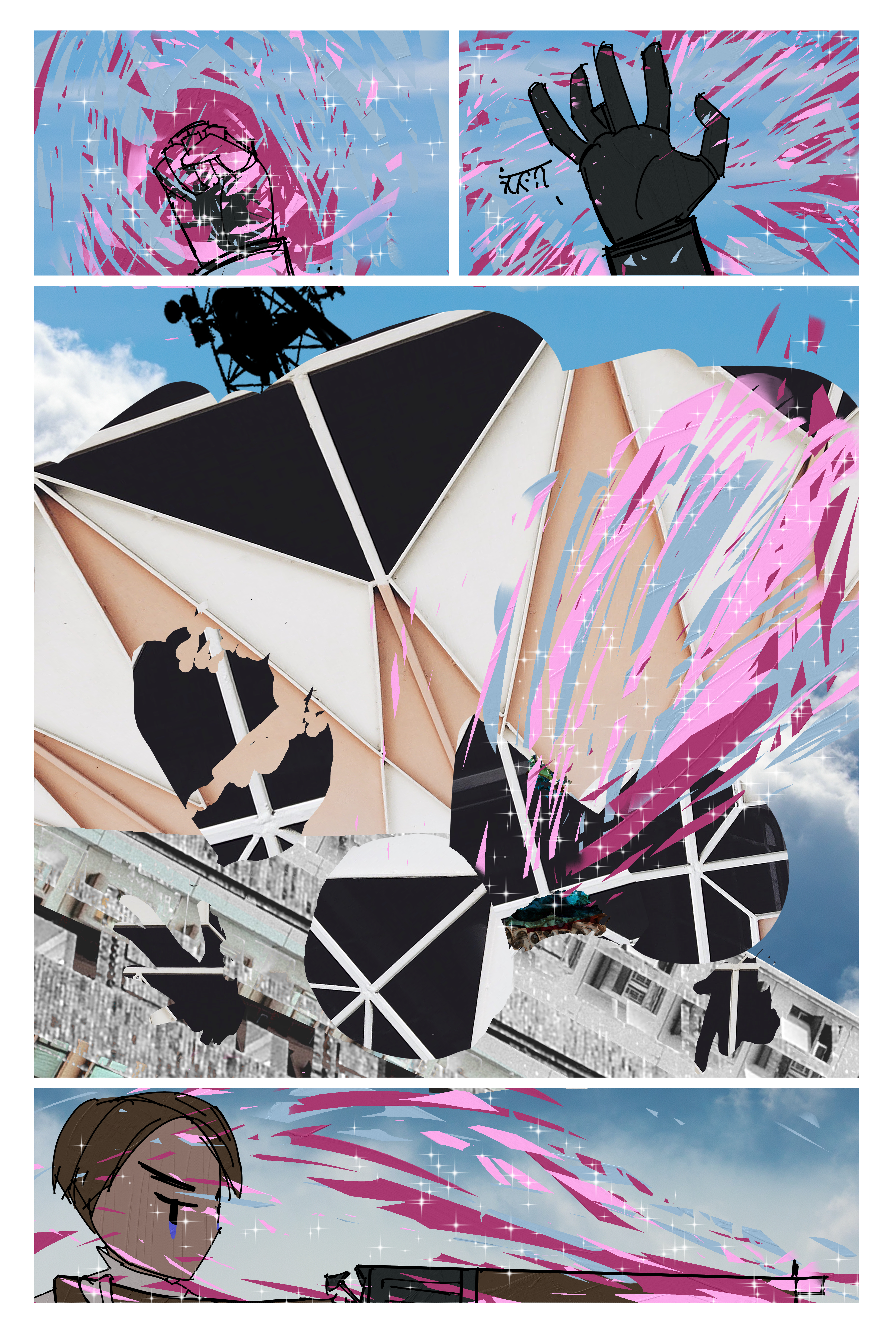 Webcomic page for SEASCAPE. Three panels. Top is Vonnel looking down at his hand after punching the TOWER PRINCESS and seeing the magic dissipate. He says in his native language "fuck". Second panel is the TOWER PRINCESS reeling from the attack he gave her in the page before. She is now missing a part of her main body. The third panel is Fourcade aiming down the sights of his revolver rifle.