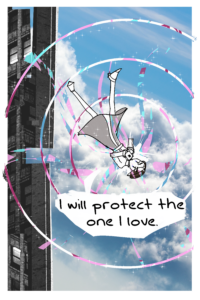 Page of SEASCAPE. Page is Fourcade jumping off the tower. He is about to shoot his revolver rifle. Colorful circles are emanating from the barrel of the gun. He says "I will protect the one I love"