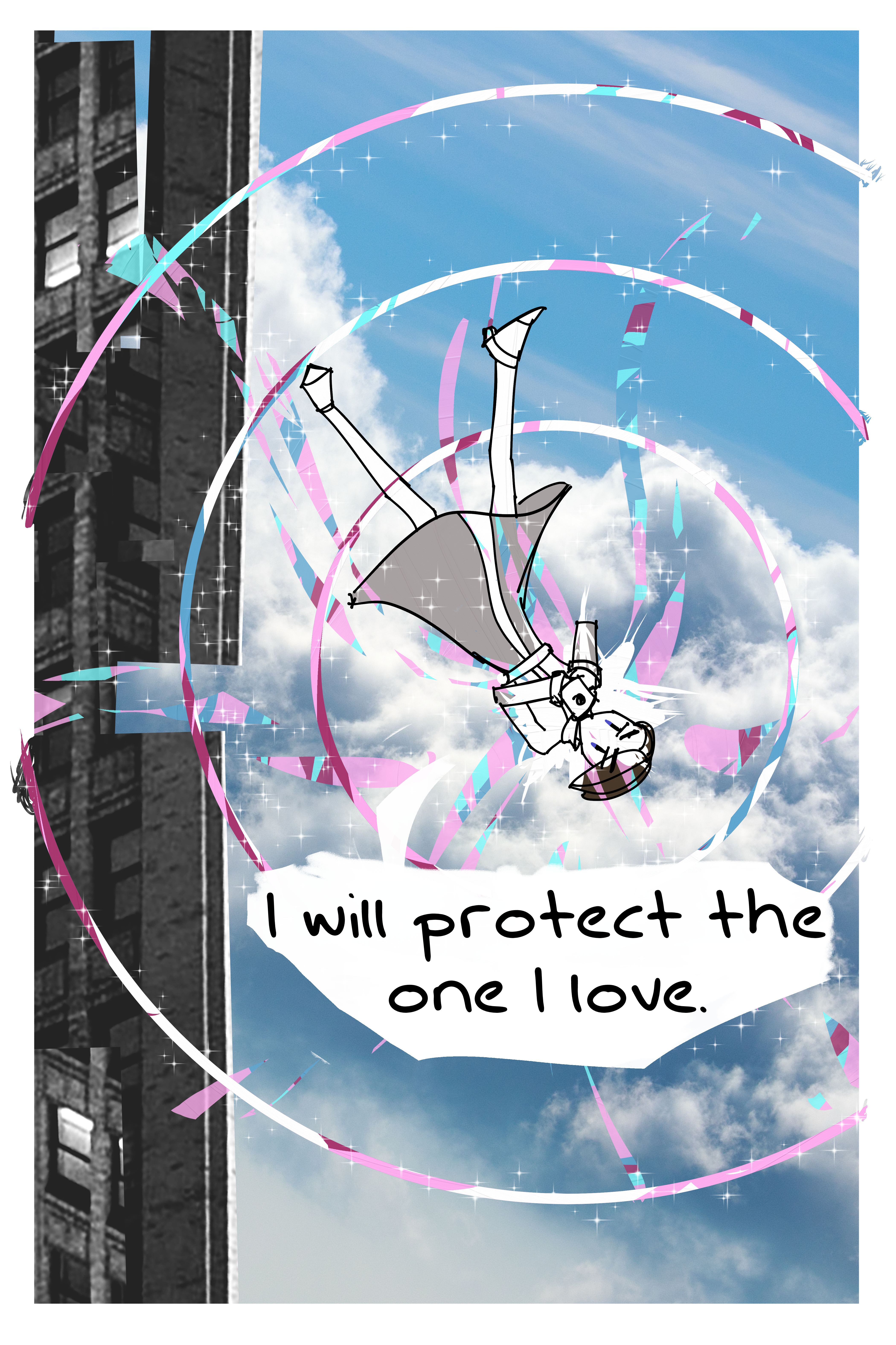 Page of SEASCAPE. Page is Fourcade jumping off the tower. He is about to shoot his revolver rifle. Colorful circles are emanating from the barrel of the gun. He says "I will protect the one I love"