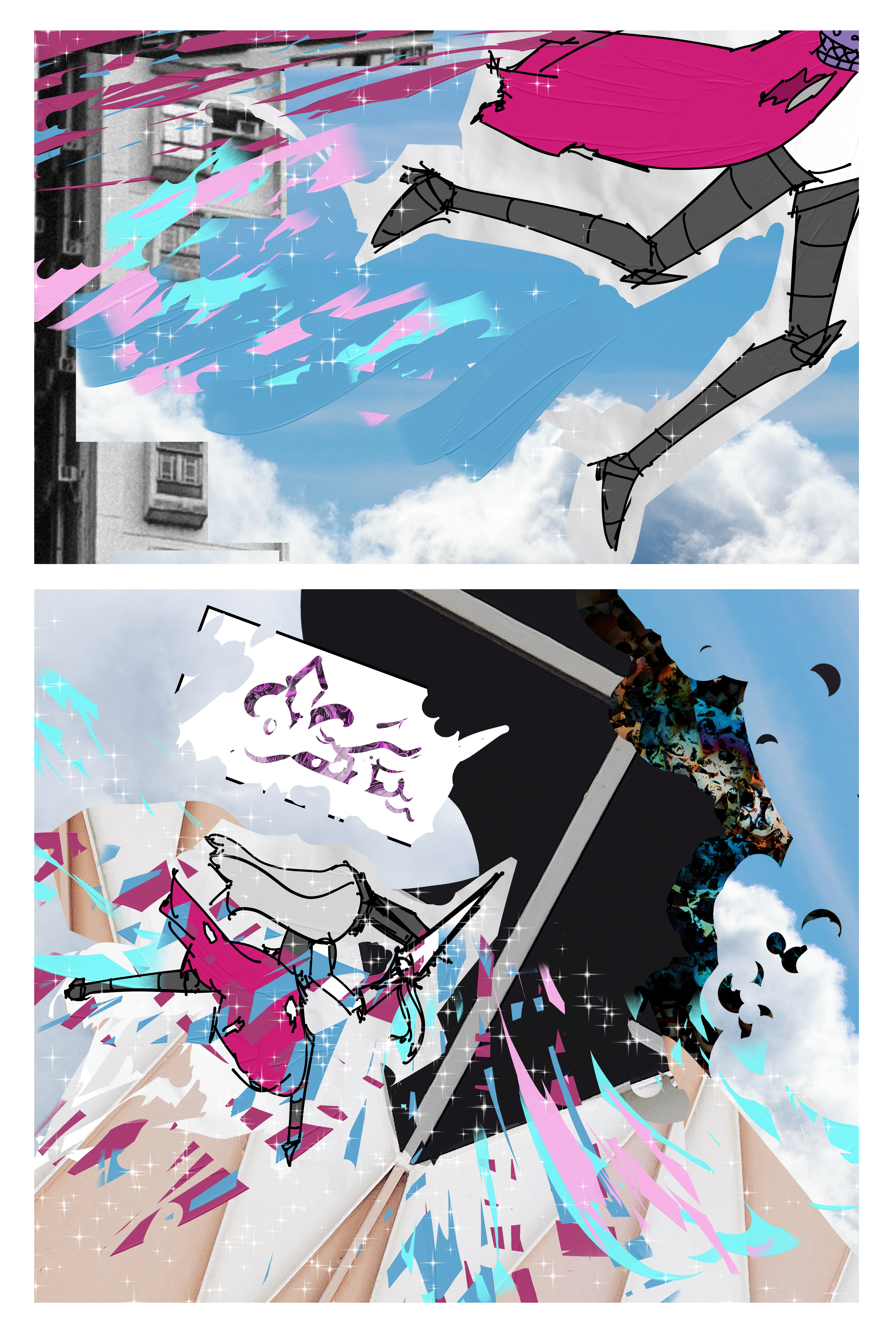 Comic page of SEASCAPE. There is a knight who jumps from the top of an abstract tower and has her axe ready to strike. Below her is the abstract TOWER PRINCESS. There is a small text box with illegible text.