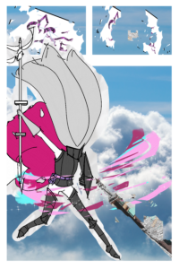 Comic page of SEASCAPE. The text box from the previous page is torn open revealing a spike of building. Bottom half of page is an abstract knight reacting to the tower spike and trying to put up her shield.