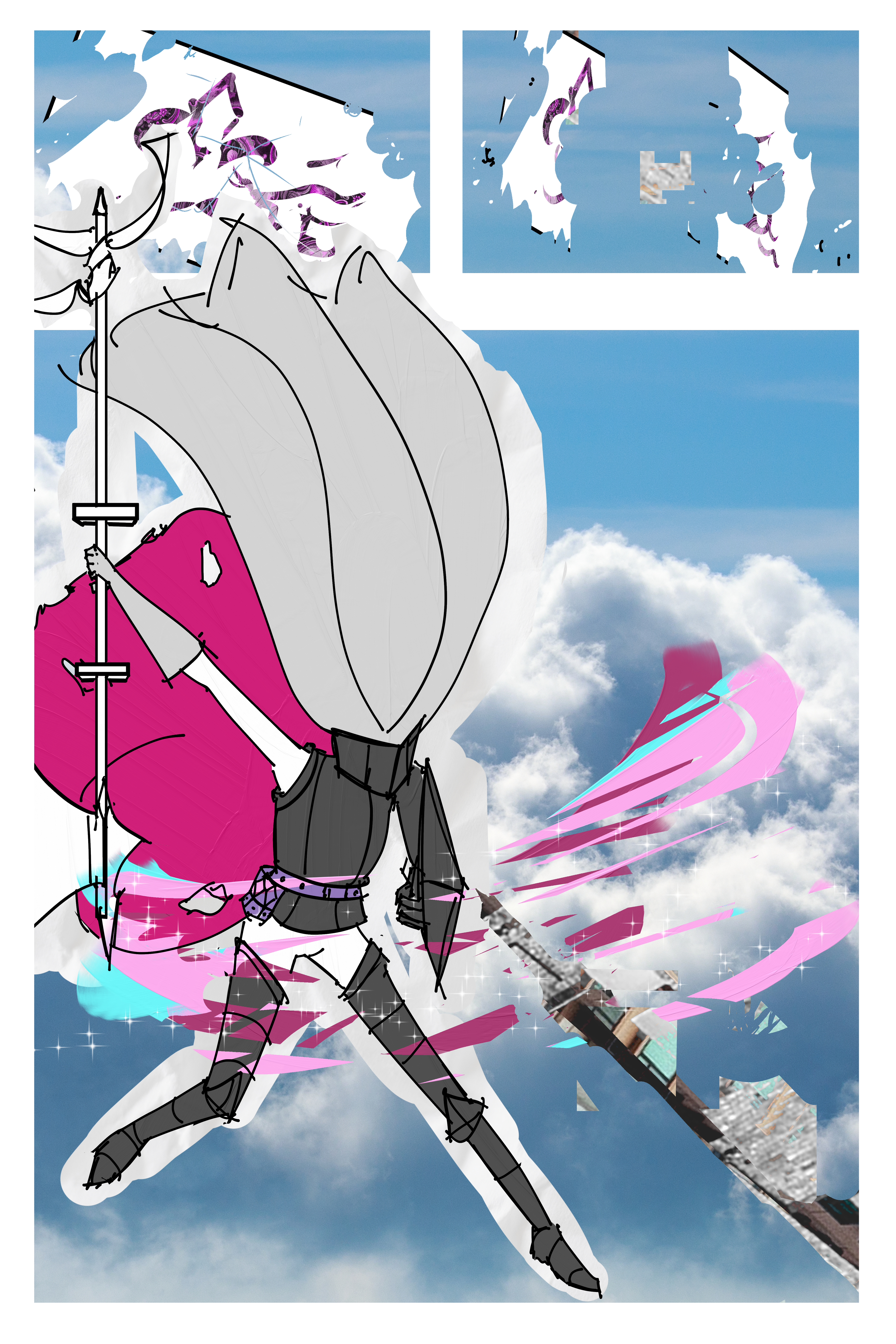 Comic page of SEASCAPE. The text box from the previous page is torn open revealing a spike of building. Bottom half of page is an abstract knight reacting to the tower spike and trying to put up her shield.