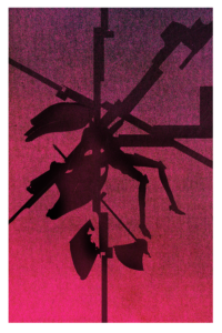 Page of the webcomic SEASCAPE. The background is a mixed media sunset color. The forefront is a silhouette of the forgotten knight getting attacked and impaled by many parts of the Tower. The knight has dropped her damaged shield.