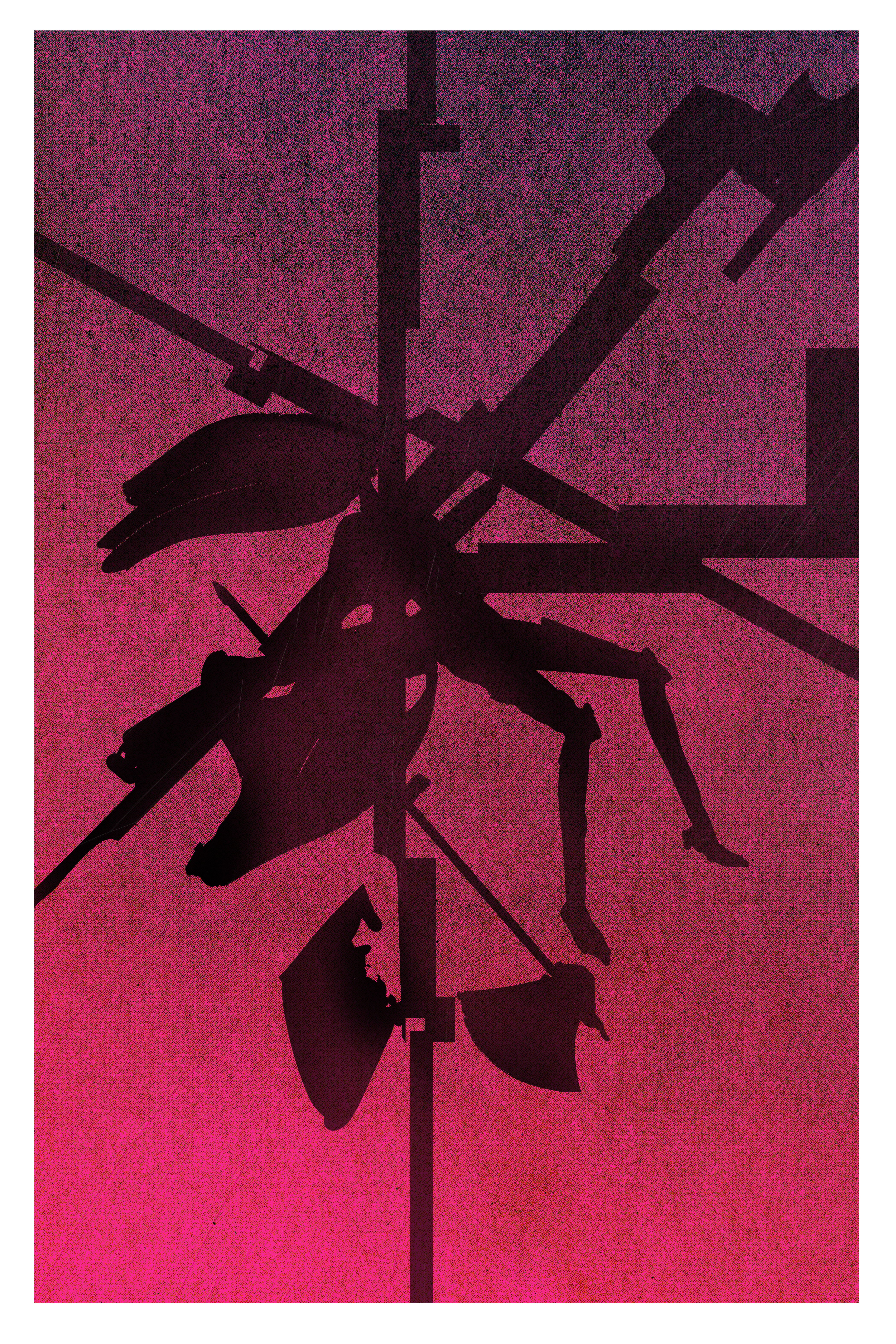 Page of the webcomic SEASCAPE. The background is a mixed media sunset color. The forefront is a silhouette of the forgotten knight getting attacked and impaled by many parts of the Tower. The knight has dropped her damaged shield.