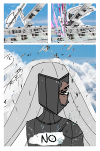 Page of the webcomic SEASCAPE. A knight is getting barraged by pieces of the tower but managed to break free. Last panel the knight says "no"