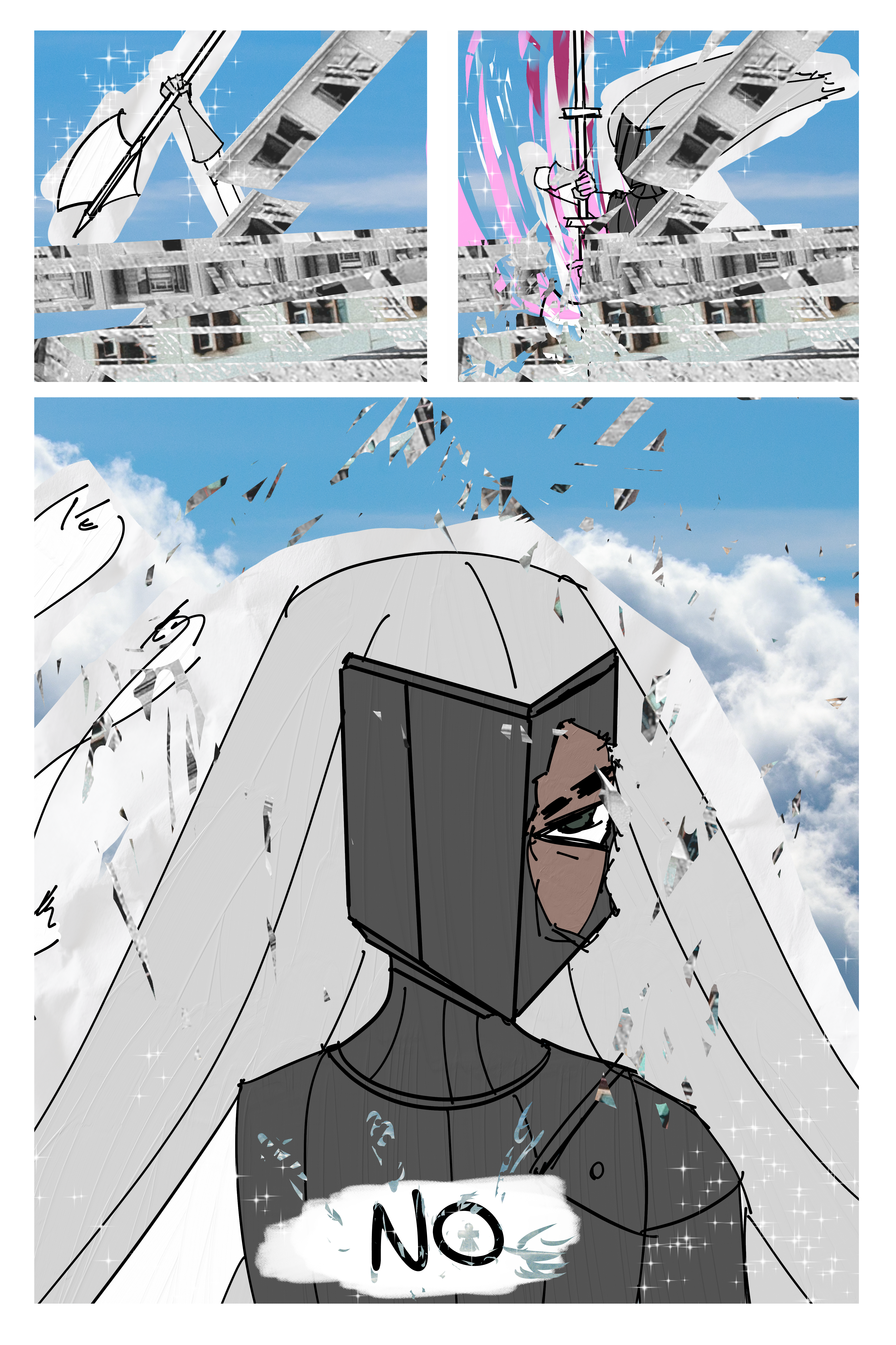 Page of the webcomic SEASCAPE. A knight is getting barraged by pieces of the tower but managed to break free. Last panel the knight says "no"